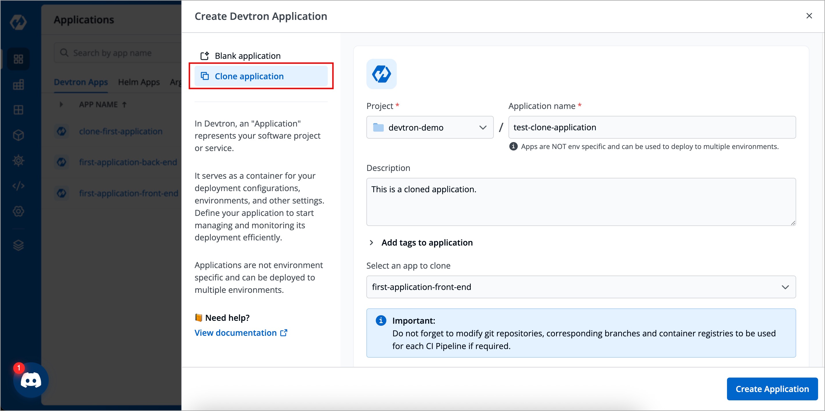 Figure 2: Clone an Existing Devtron Application