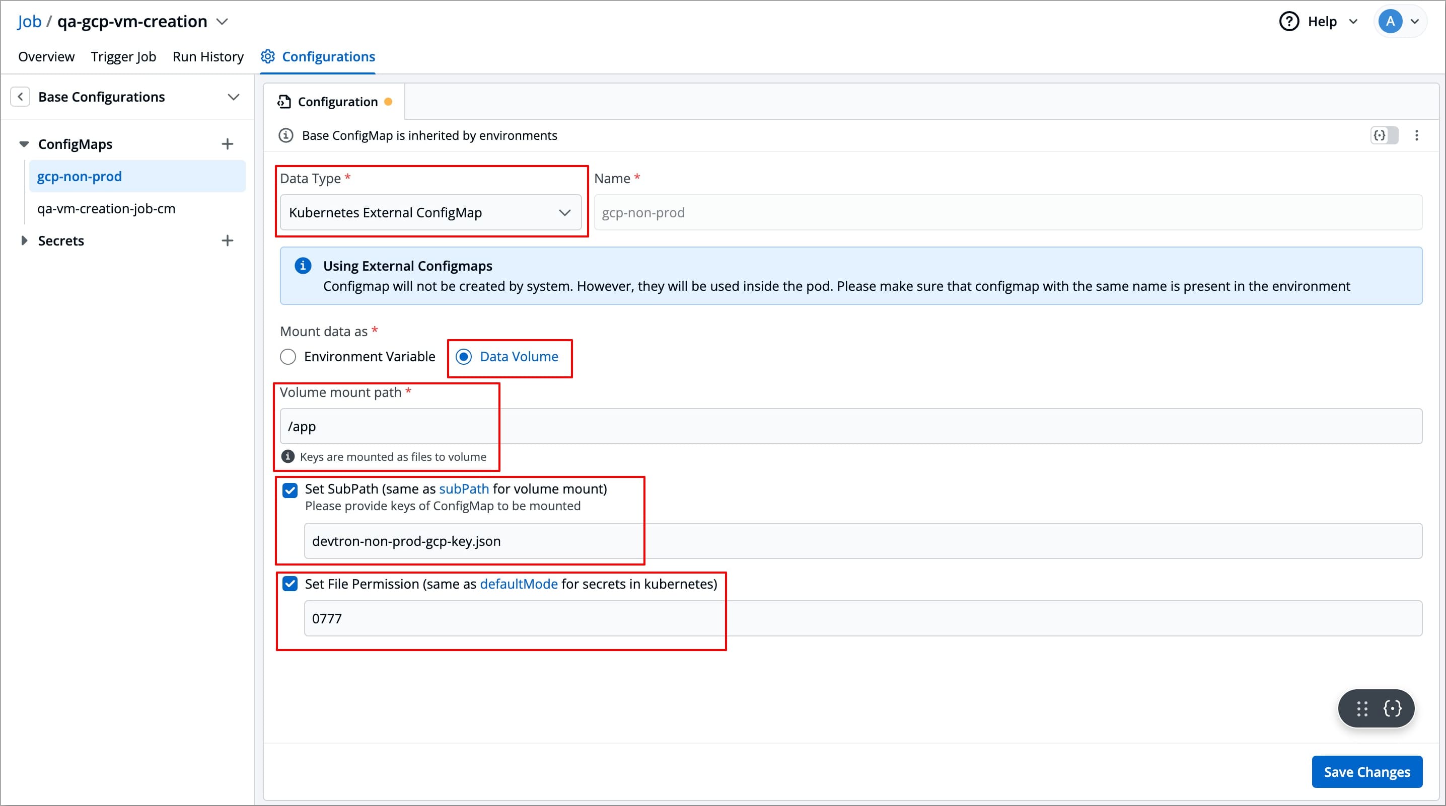 Figure 15: Kubernetes External ConfigMap for 'Data Volume'
