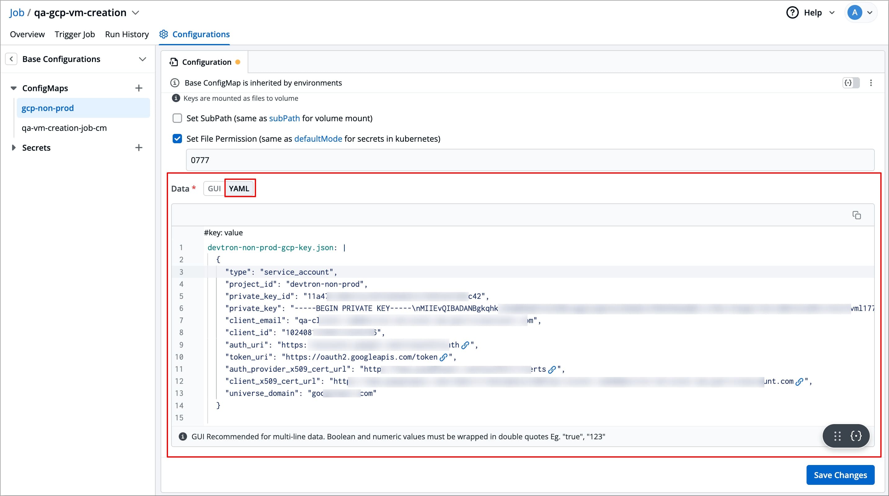 Figure 14: Entering Data in 'YAML' Mode