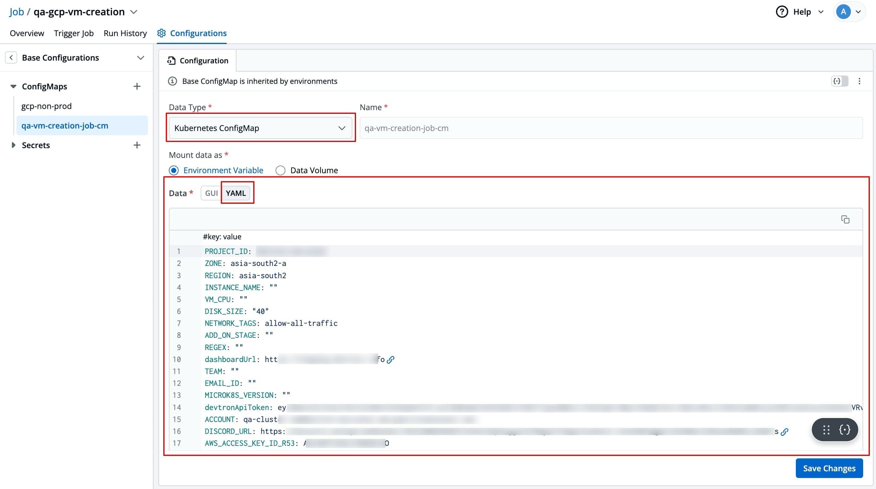 Figure 7: Entering Data in 'YAML' Mode