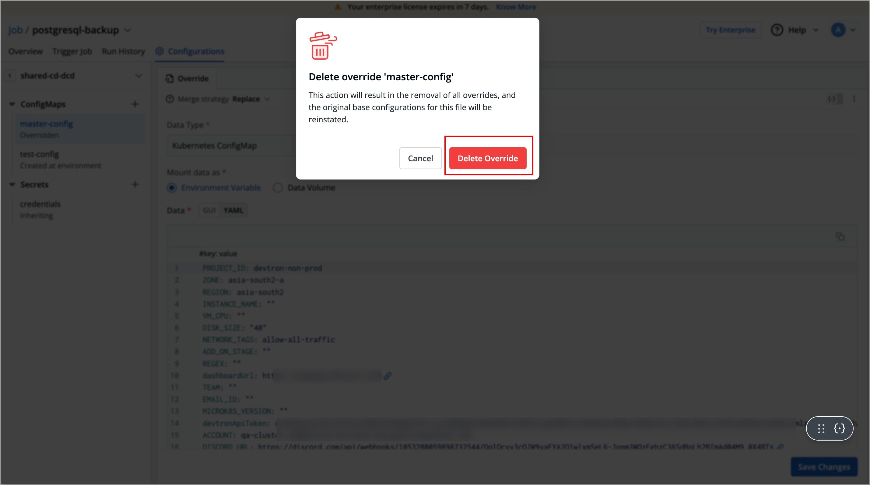 Figure 12: Confirming Delete Override
