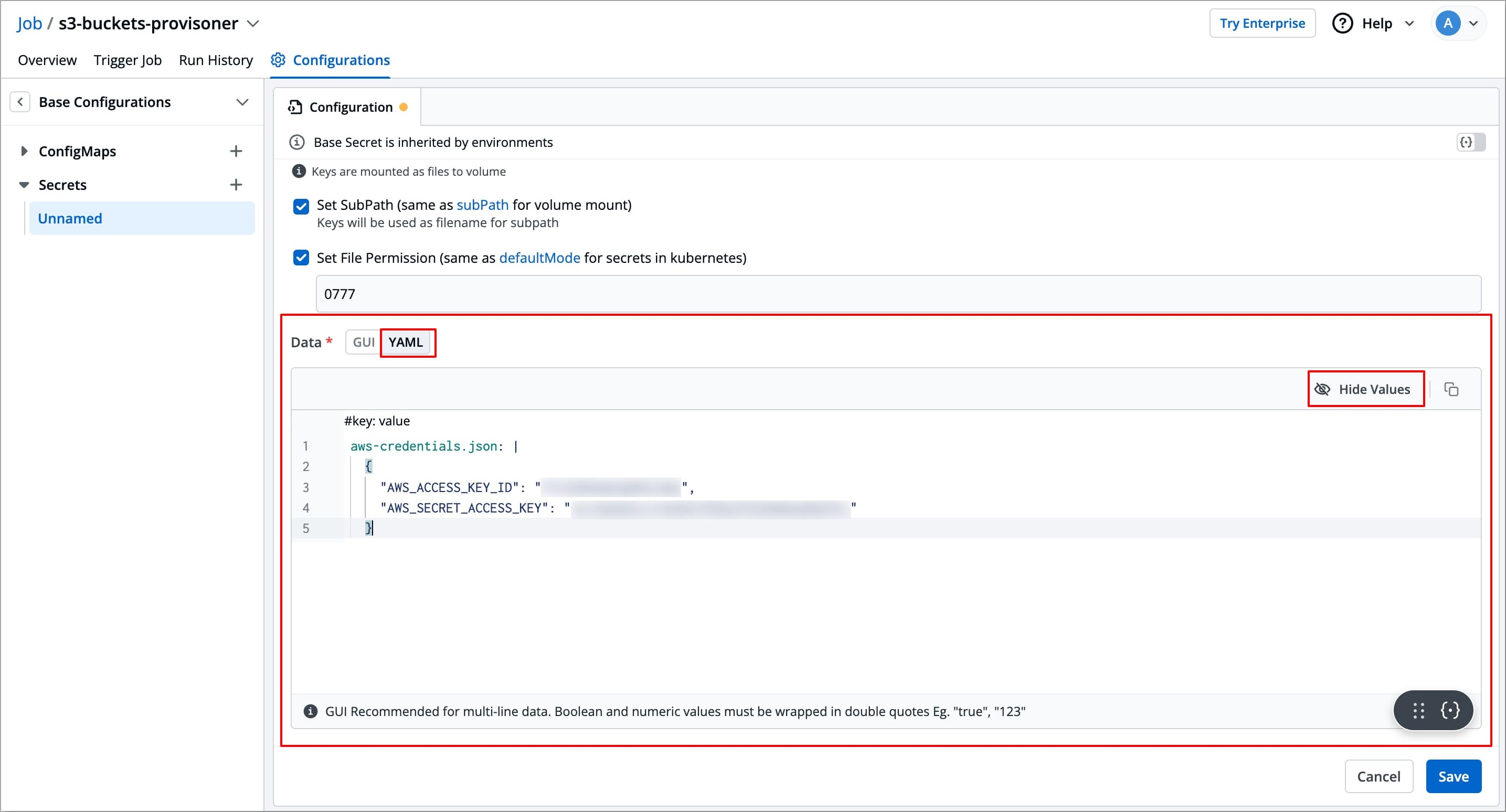 Figure 14: Entering Data in 'YAML' Mode