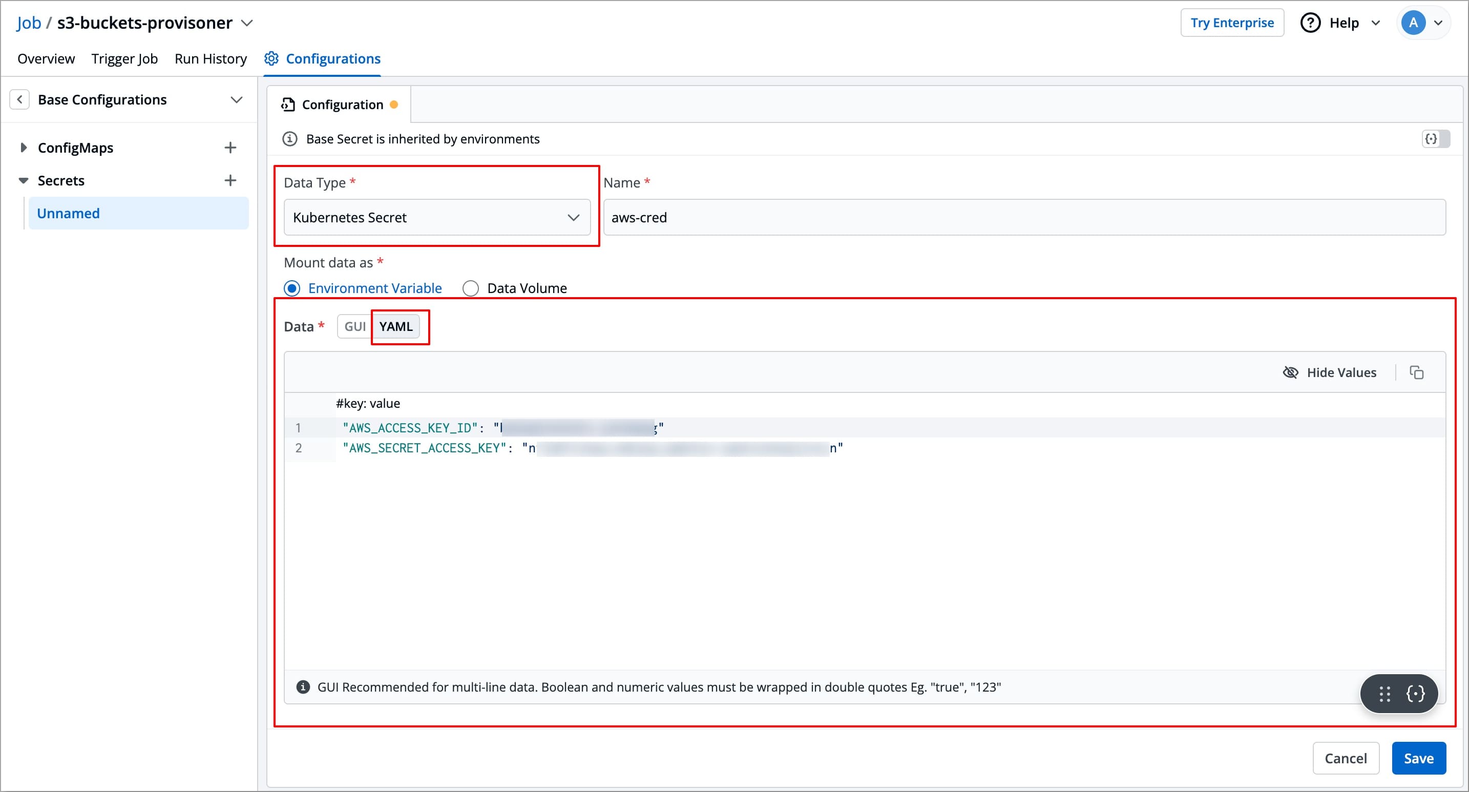 Figure 7: Entering Data in 'YAML' Mode