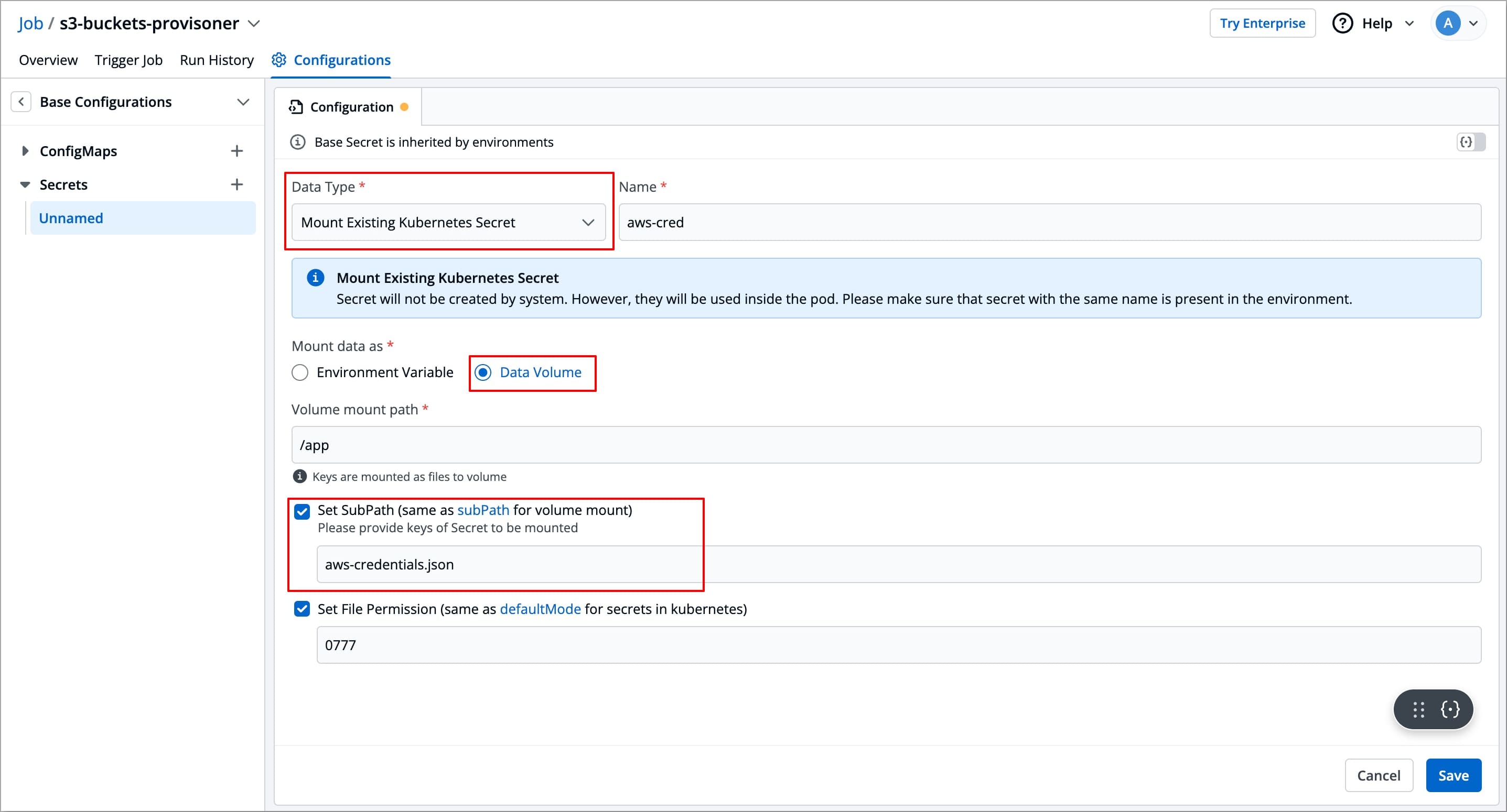 Figure 15: Mounting Existing Kubernetes Secrets for 'Data Volume'