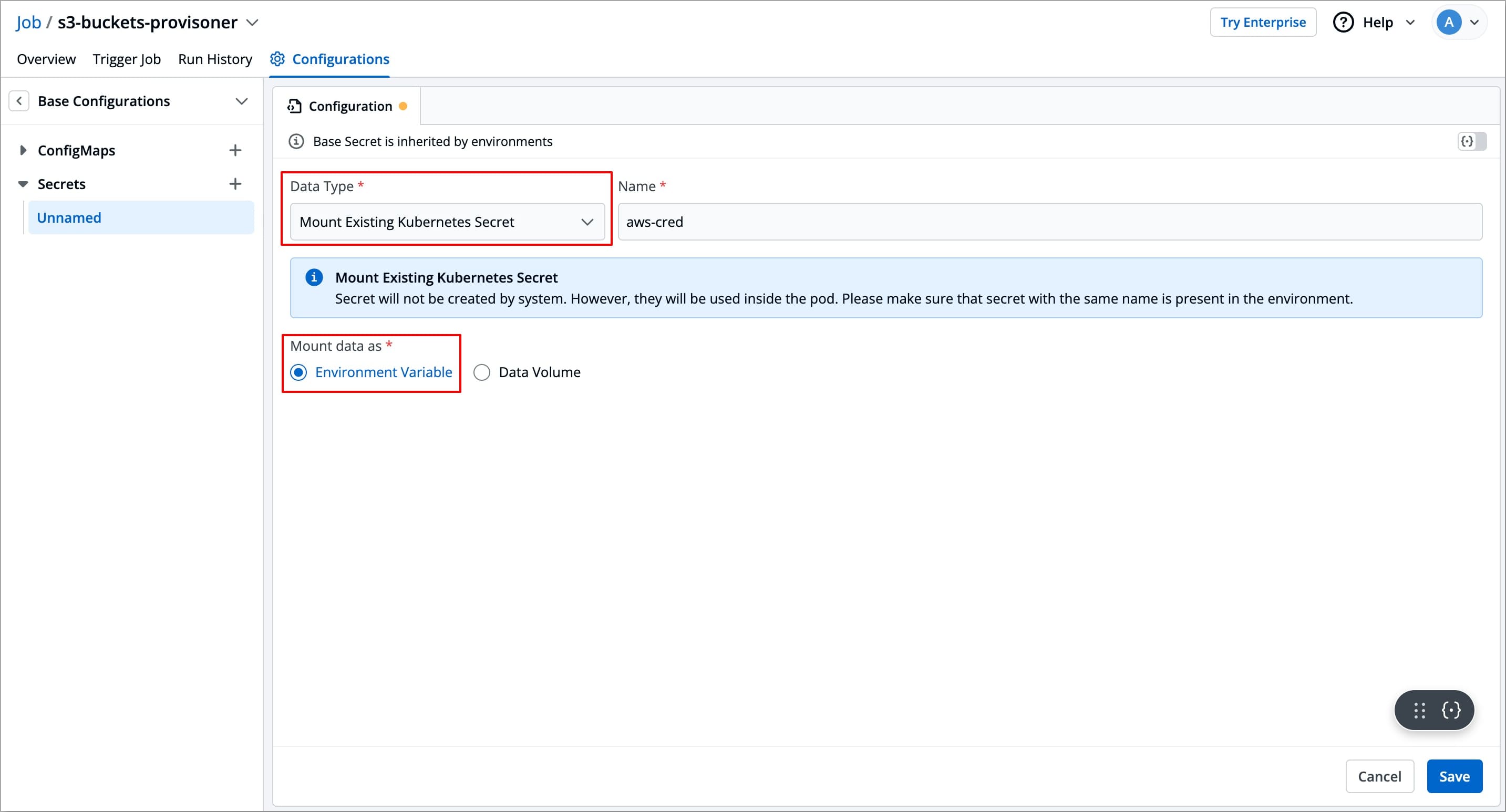 Figure 8: Mounting Existing Kubernetes Secrets for 'Environment Variable'