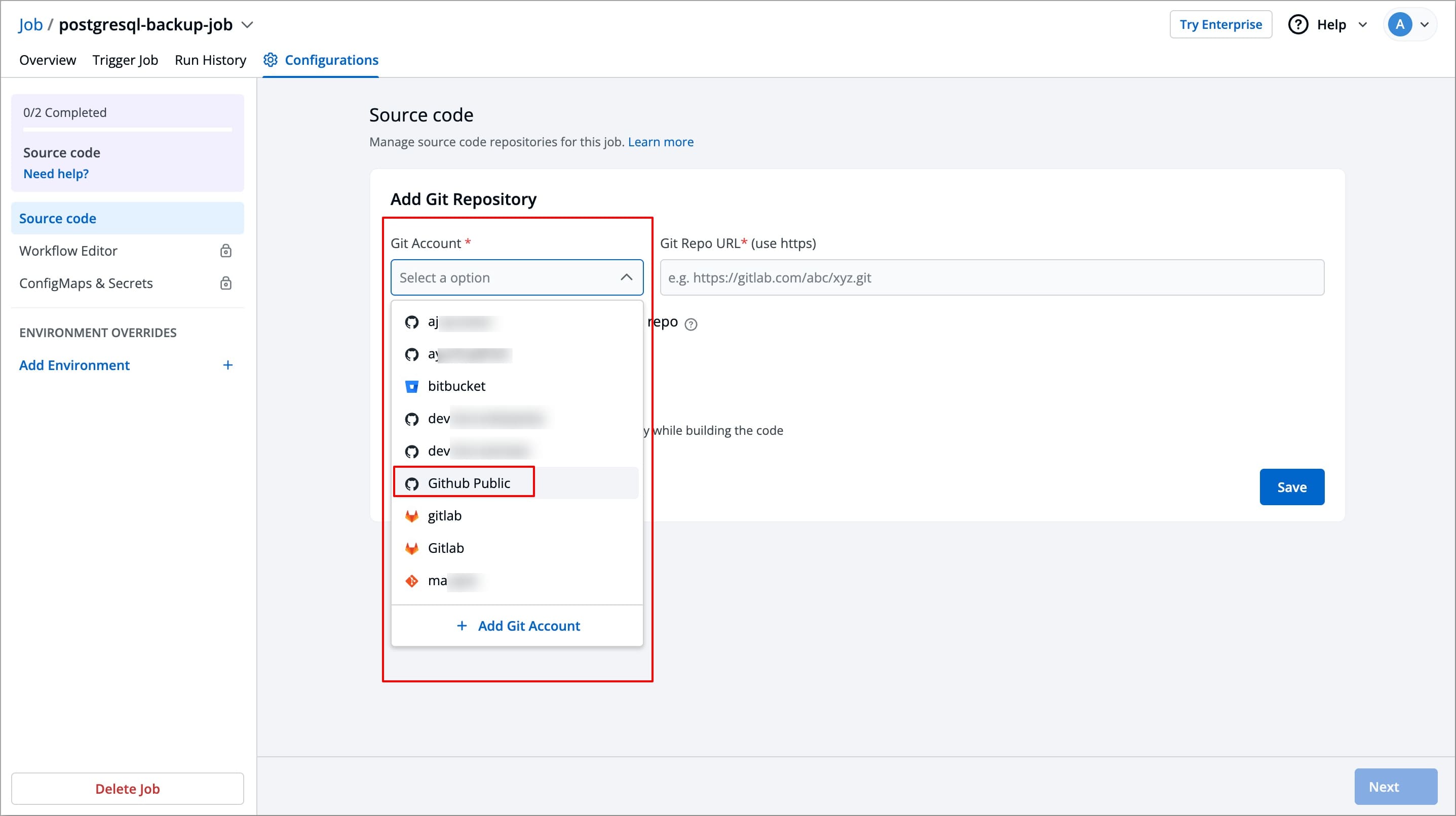 Figure 2: Adding Git Account