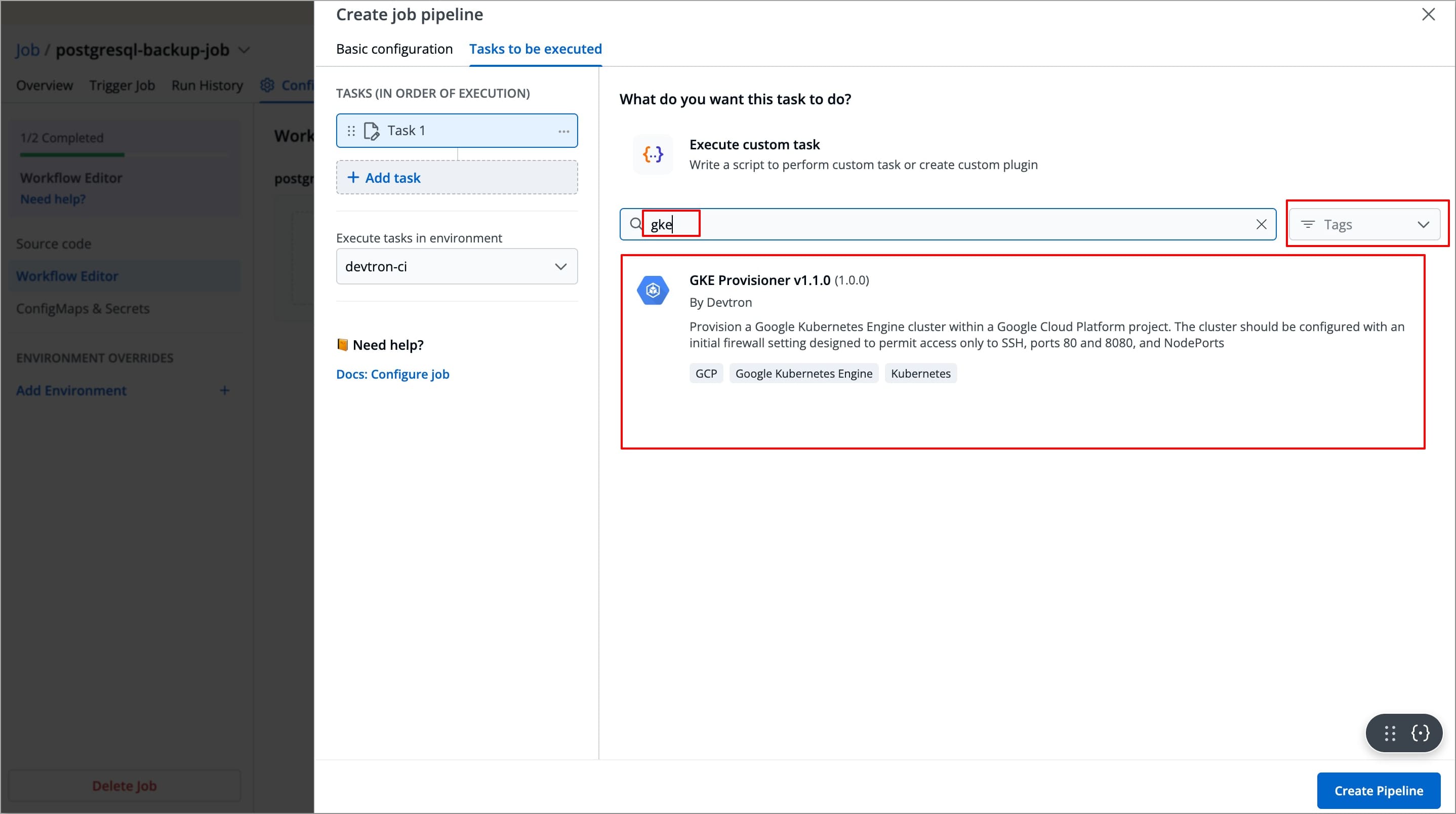 Figure 9: Searching 'GKE Provisioner' Plugin