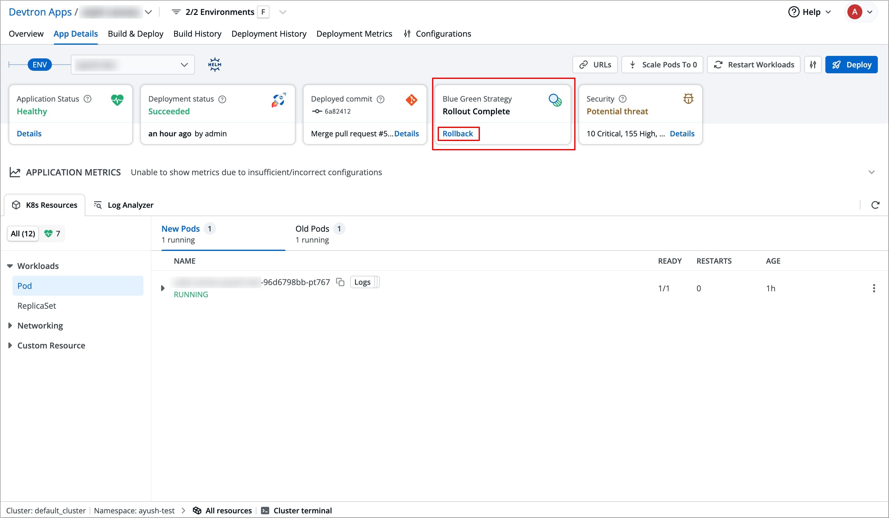 Figure 8: Selecting Rollback For Blue Green Deployment