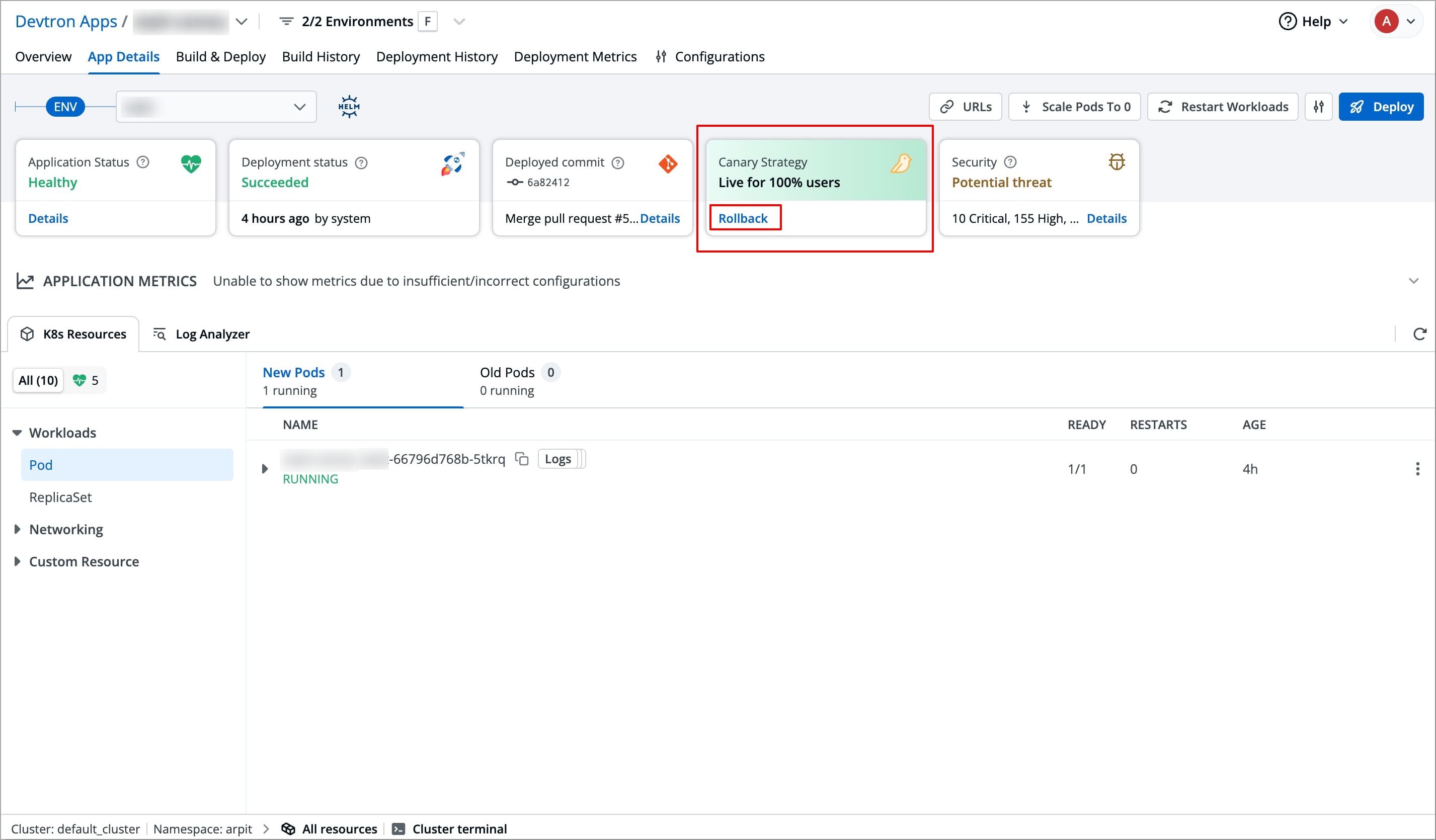 Figure 7: Selecting Rollback For Canary Deployment
