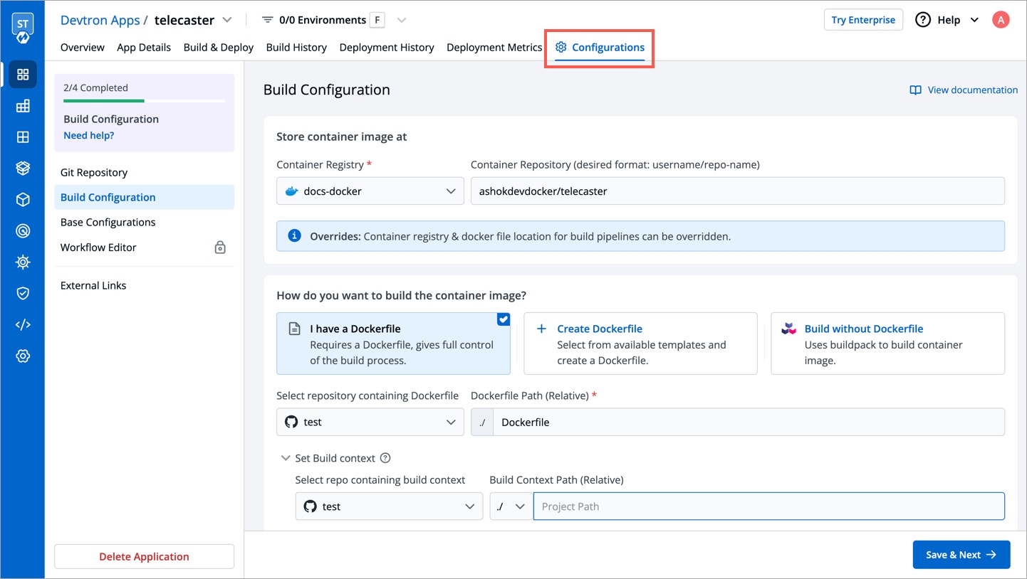 Figure 2: Application's 'Configurations' Page