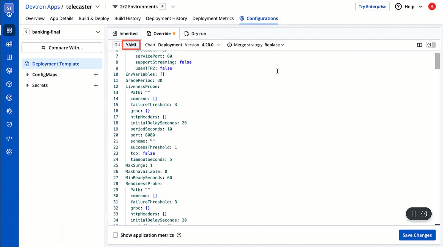 Figure 3: Overriding Deployment Template - YAML Method