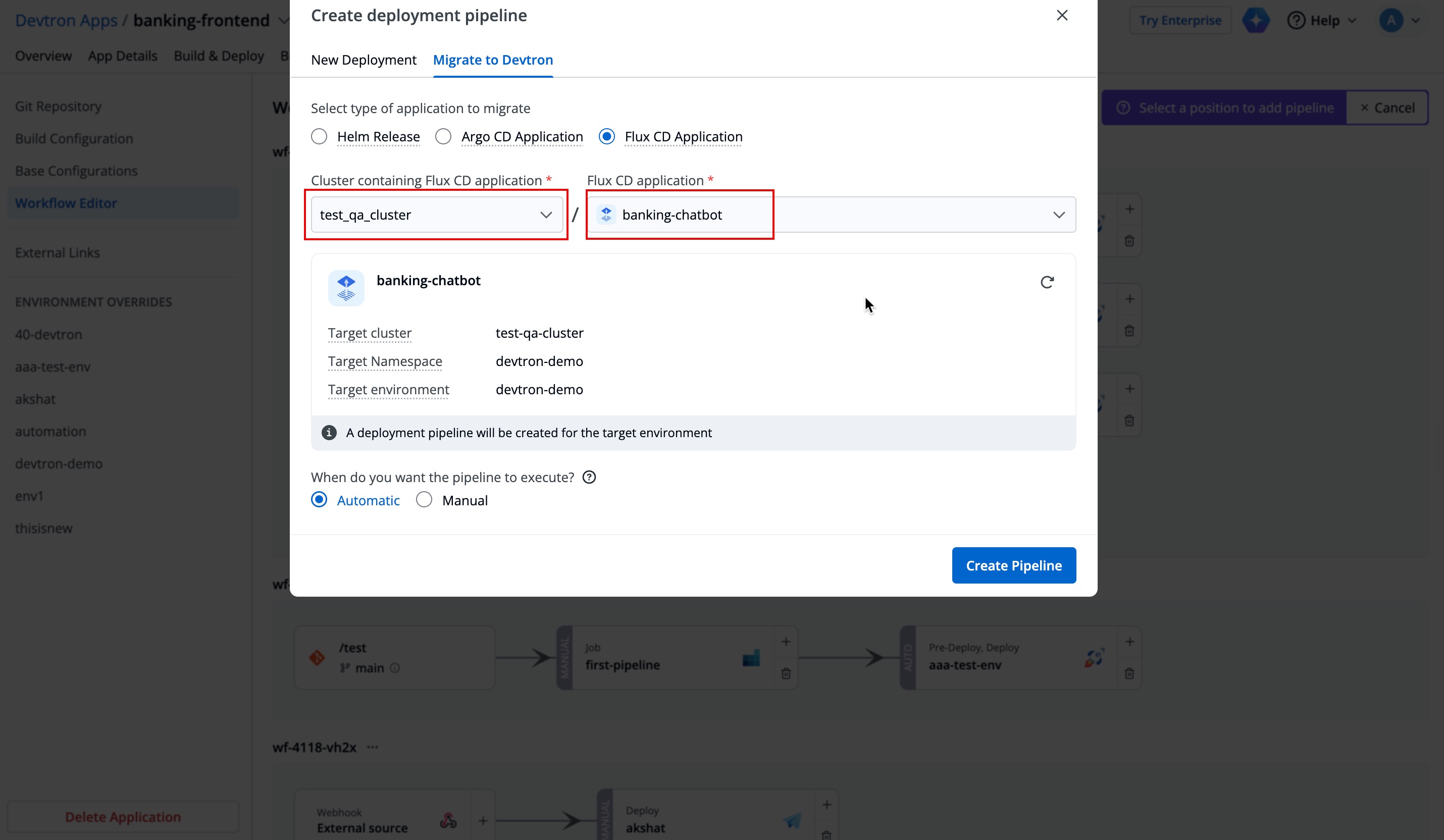 Figure 29: Choosing External Cluster and Flux App from Dropdown