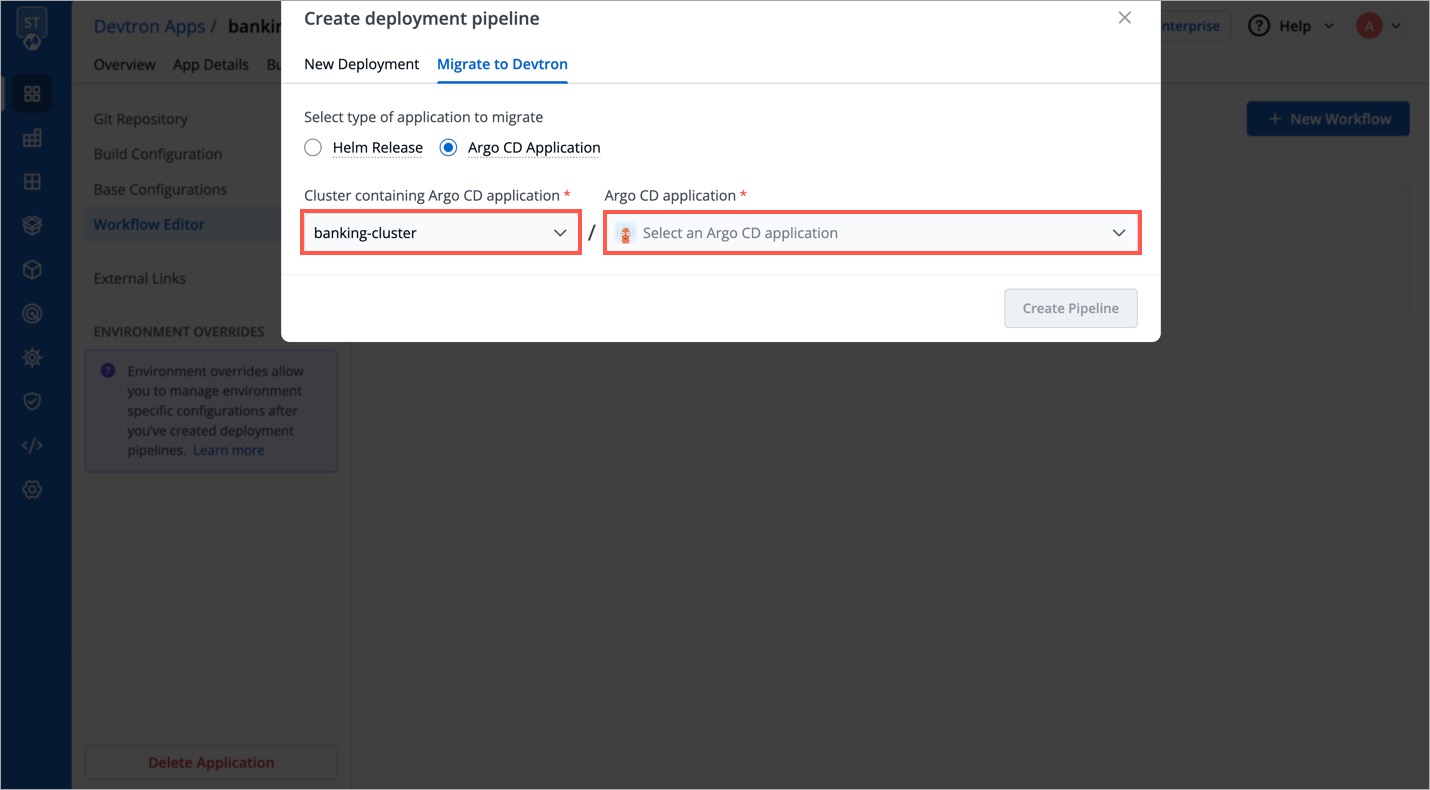 Figure 21: Choosing External Cluster and Argo App from Dropdown