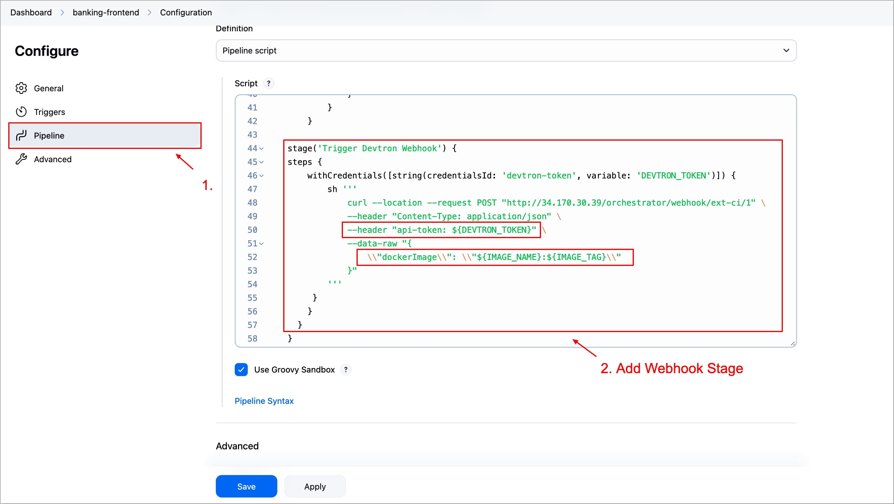 Figure 43: Adding Webhook pipeline stage