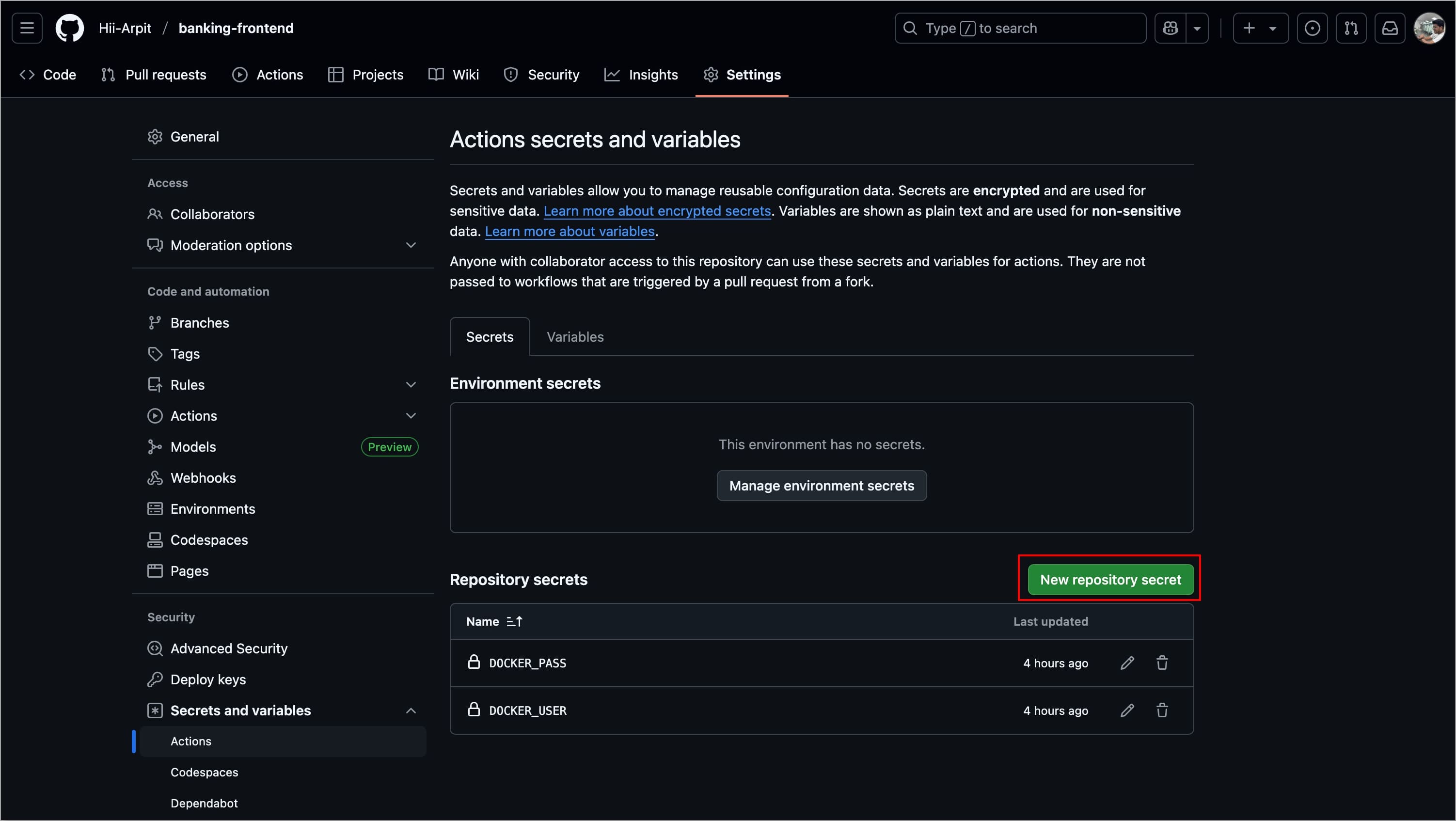 Figure 46: Selecting 'New repository secret'