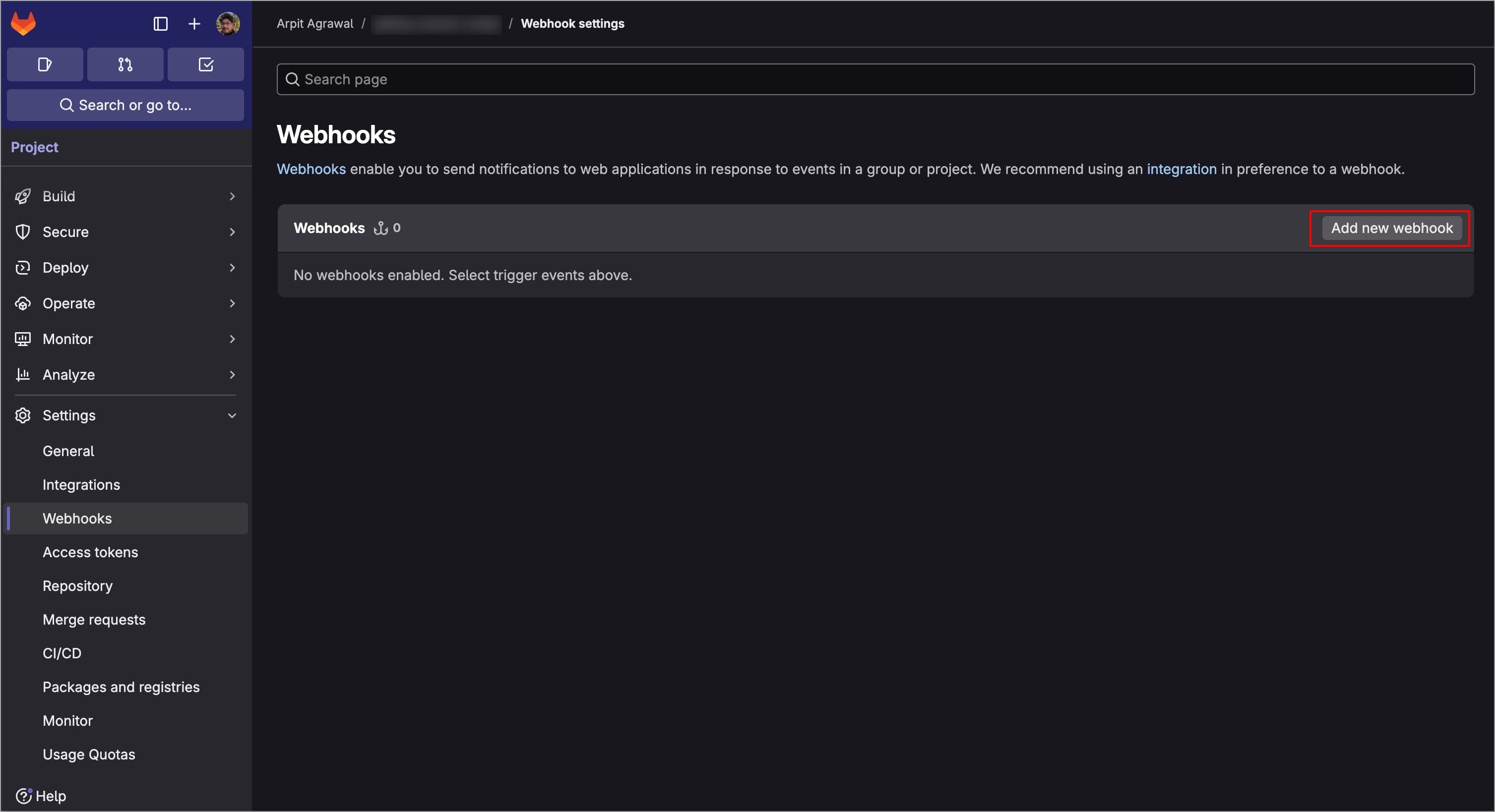 Figure 83: Selecting 'Add new webhook'