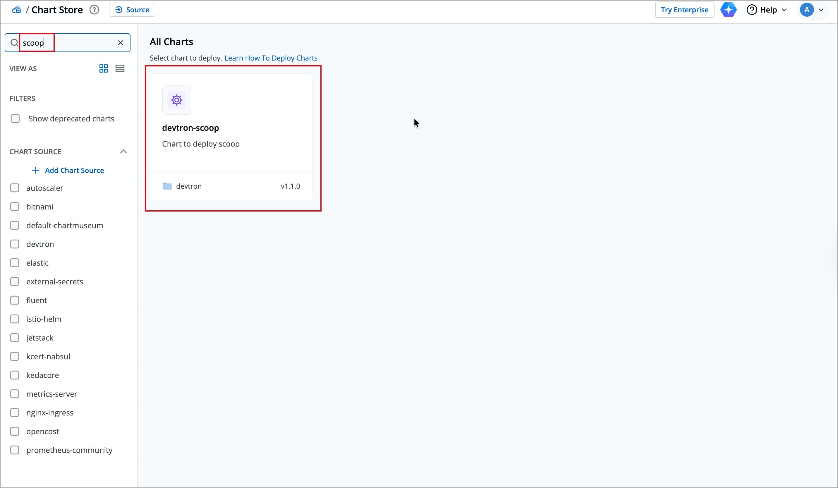 Figure 1: Finding 'devtron-scoop' chart