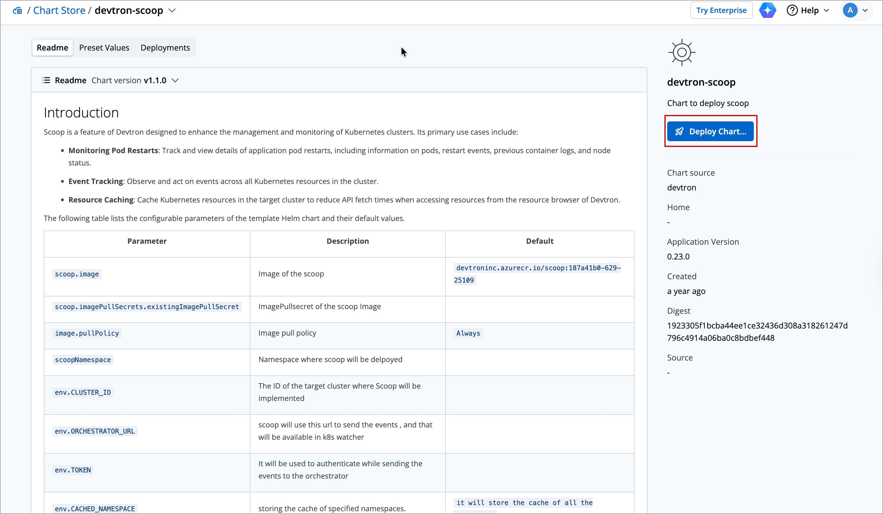 Figure 2: Clicking 'Deploy Chart'