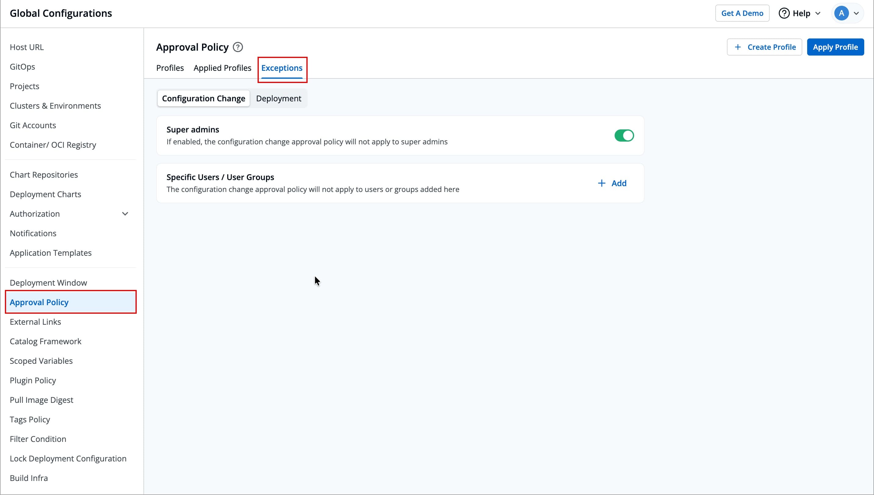 Figure 17: Exceptions Tab