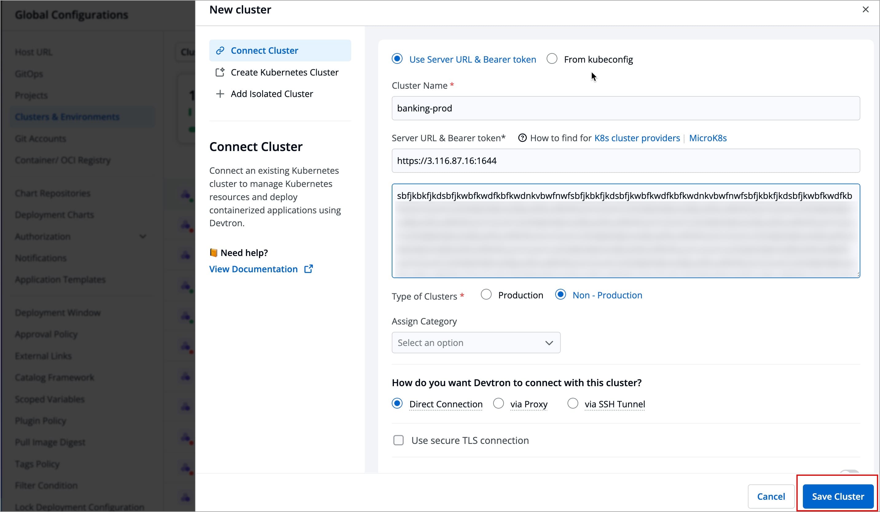Figure 4: Enter Cluster Credentials