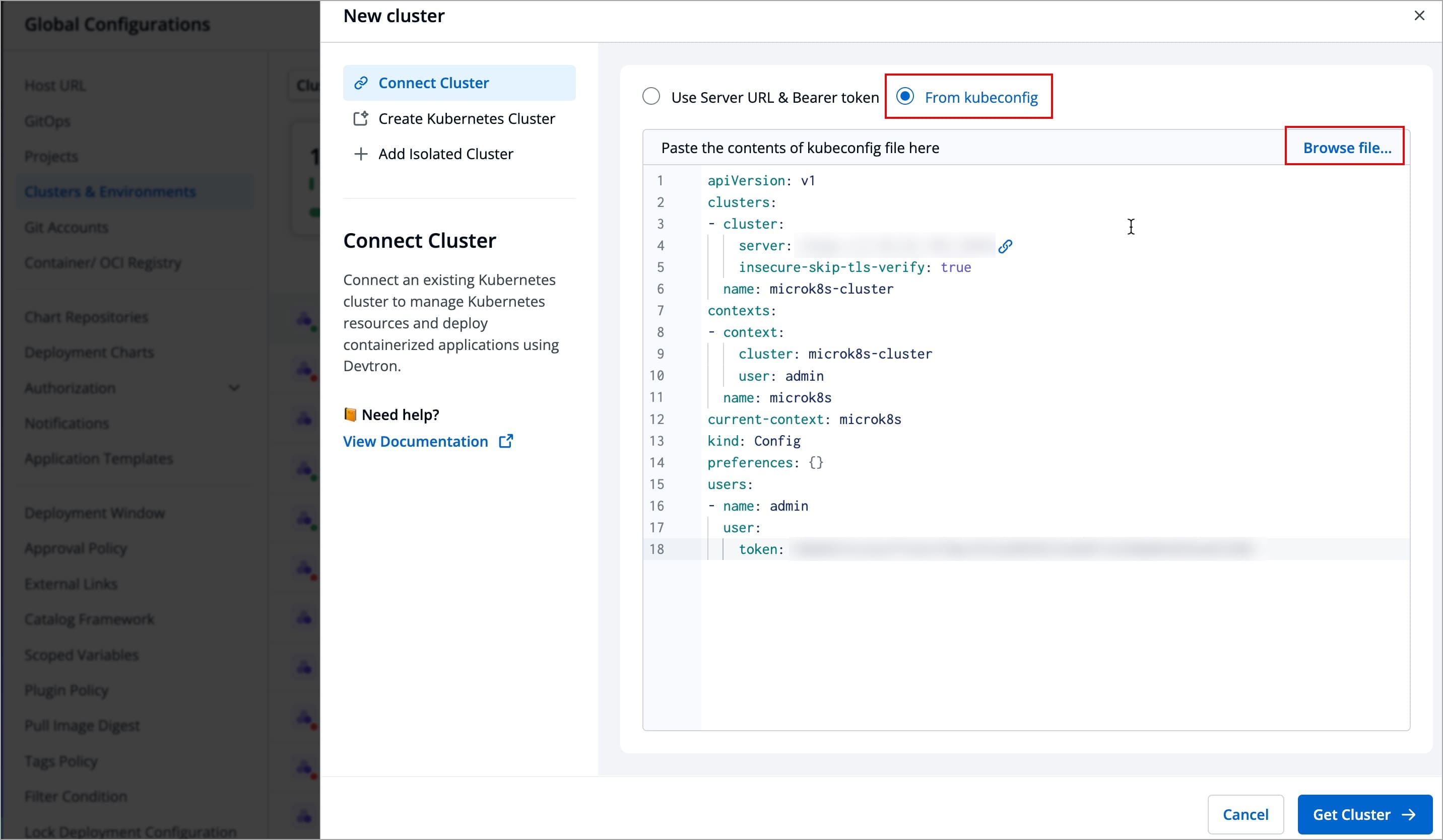 Figure 5: Choosing Kubeconfig Option