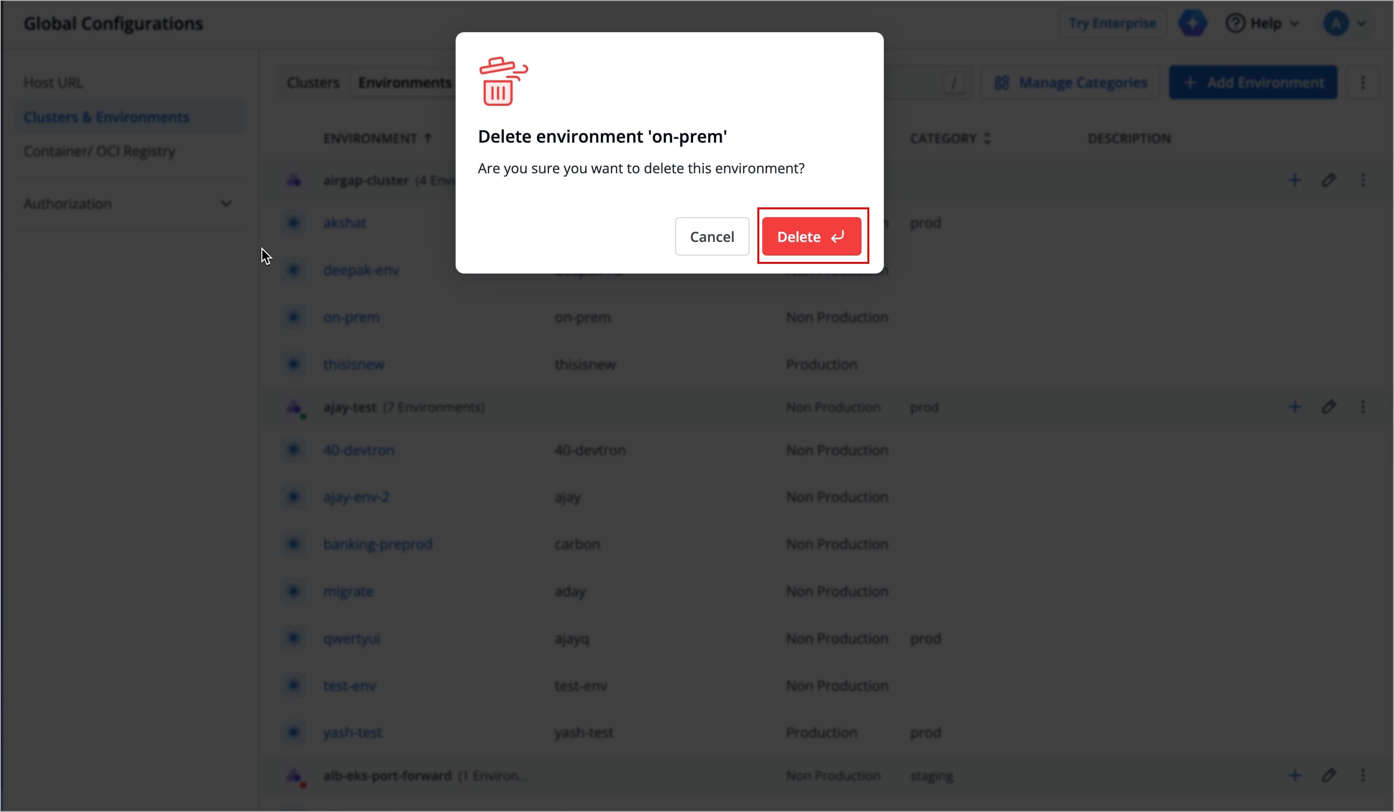 Figure 32: Confirming Environment Deletion