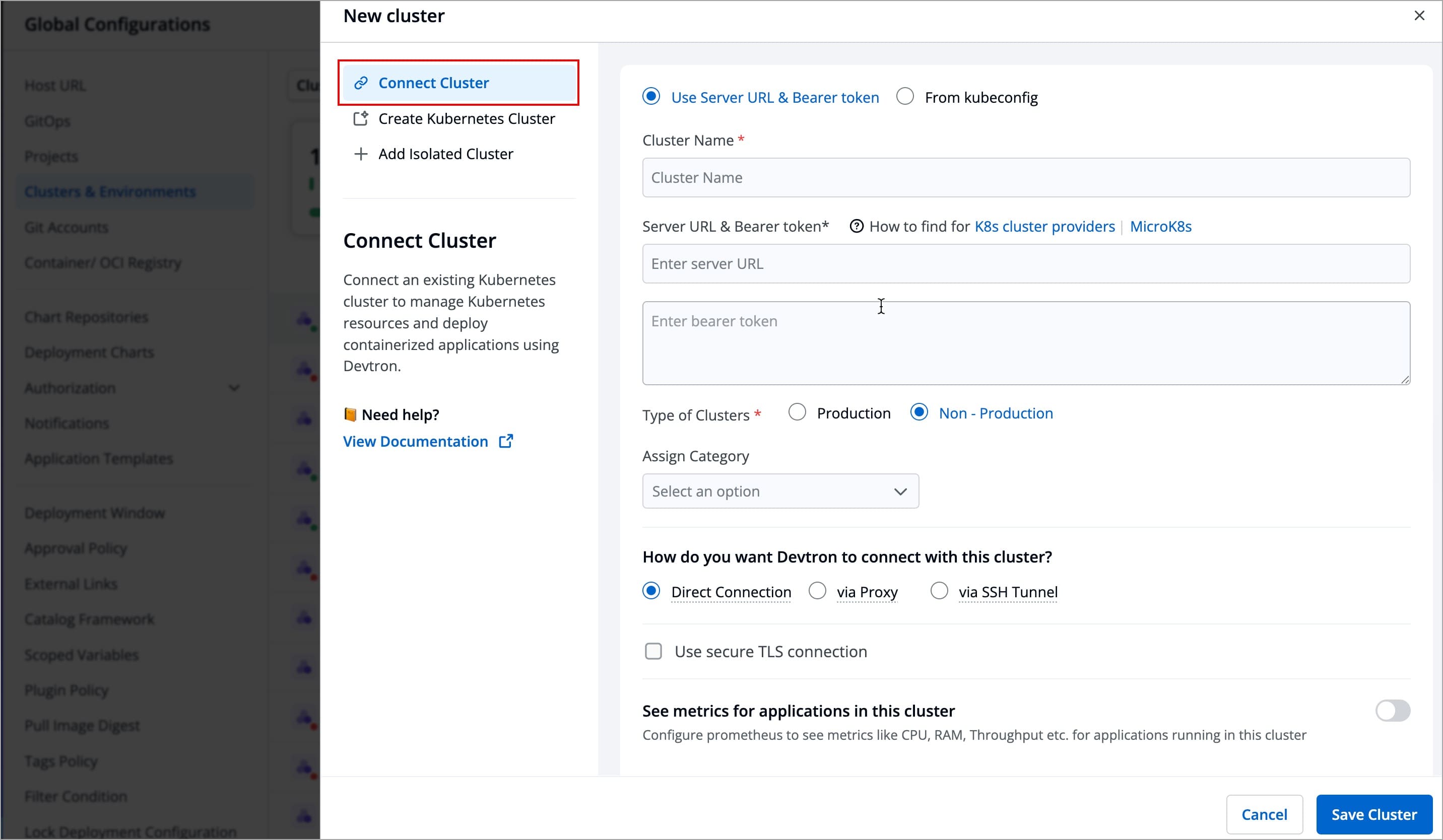 Figure 2: Selecting 'Connect Cluster'