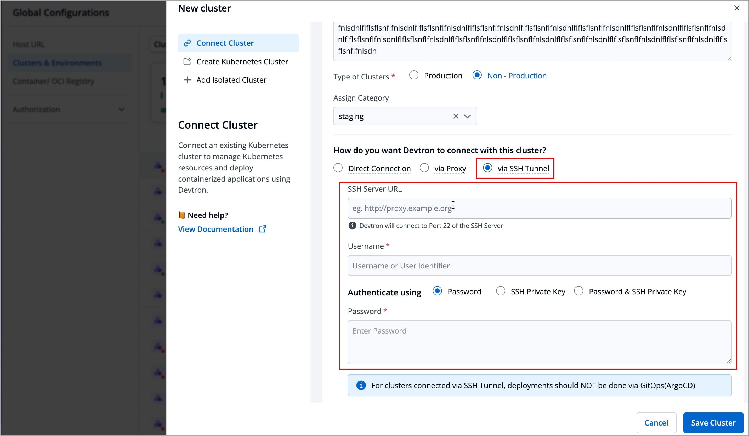 Figure 12: Choosing 'Via SSH Tunnel'