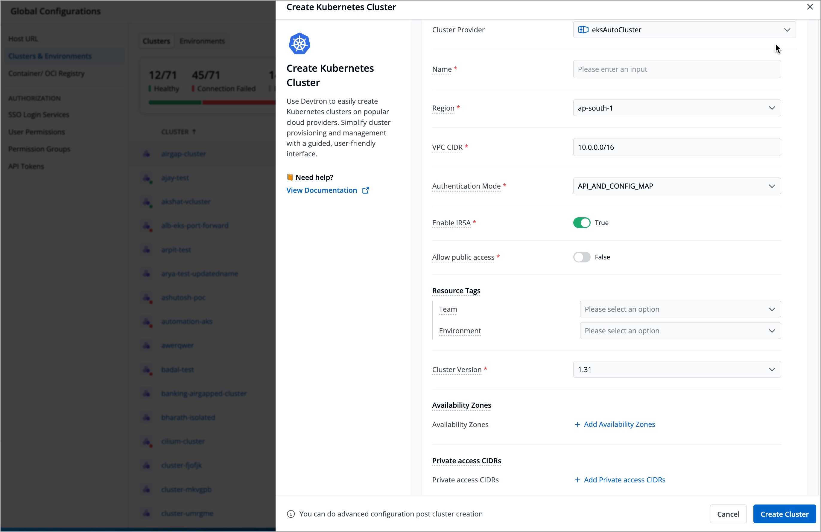 Figure 19: Create Kubernetes Cluster