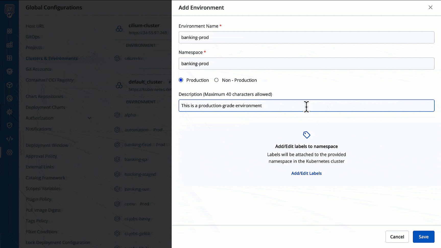 Figure 27: Adding Labels to Namespace
