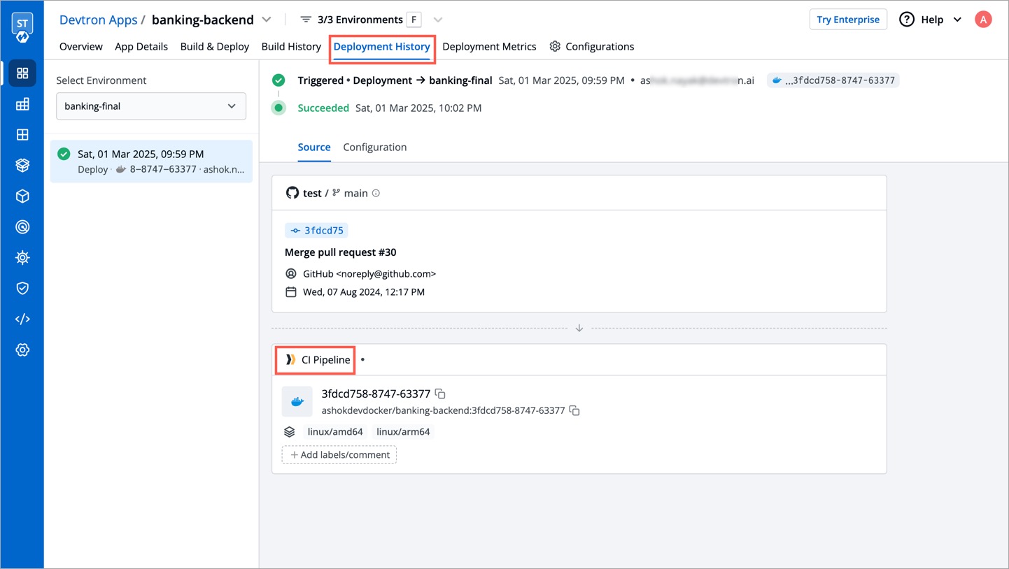 Figure 10: Deployment History - Checking Image Source