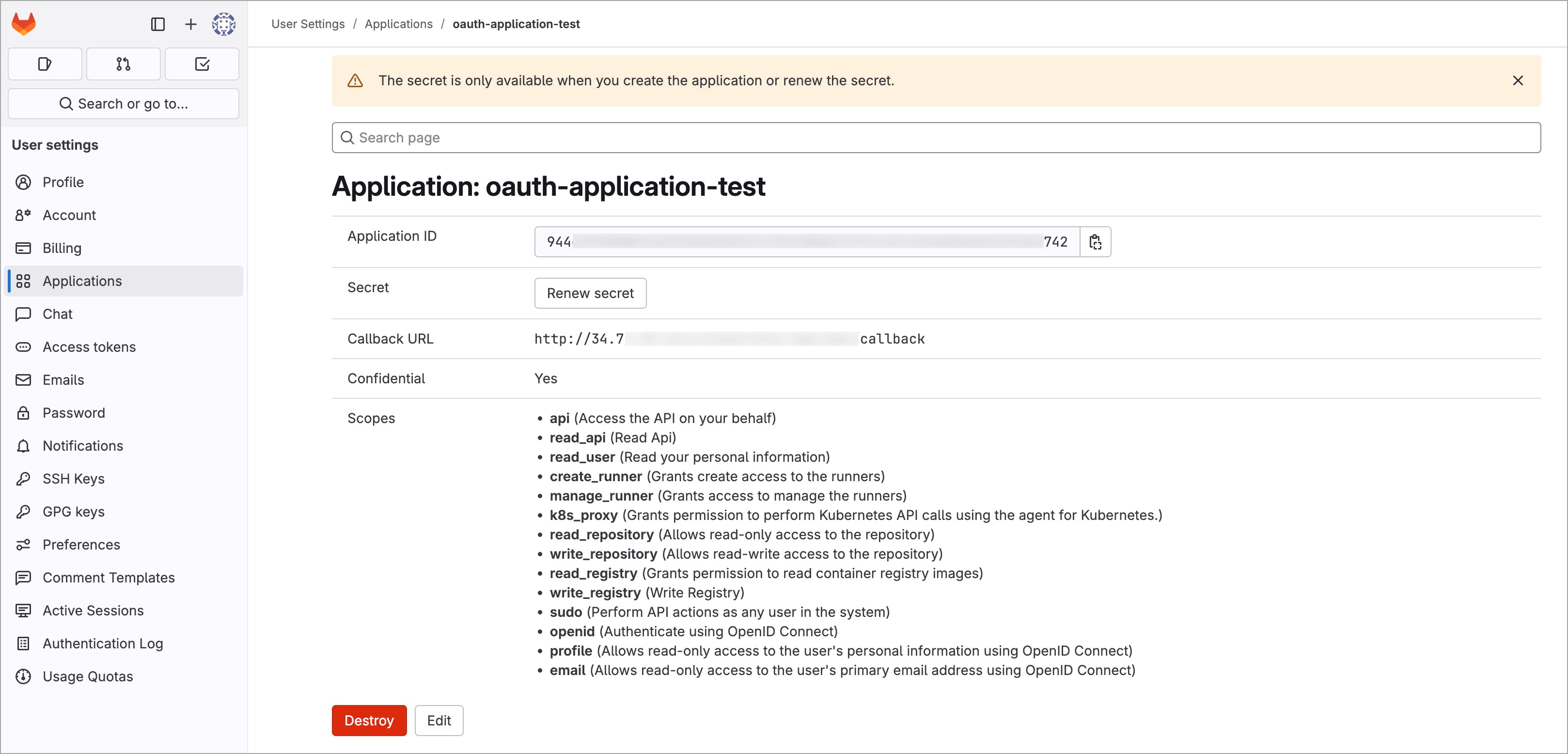 Figure 3: GitLab OAuth Application