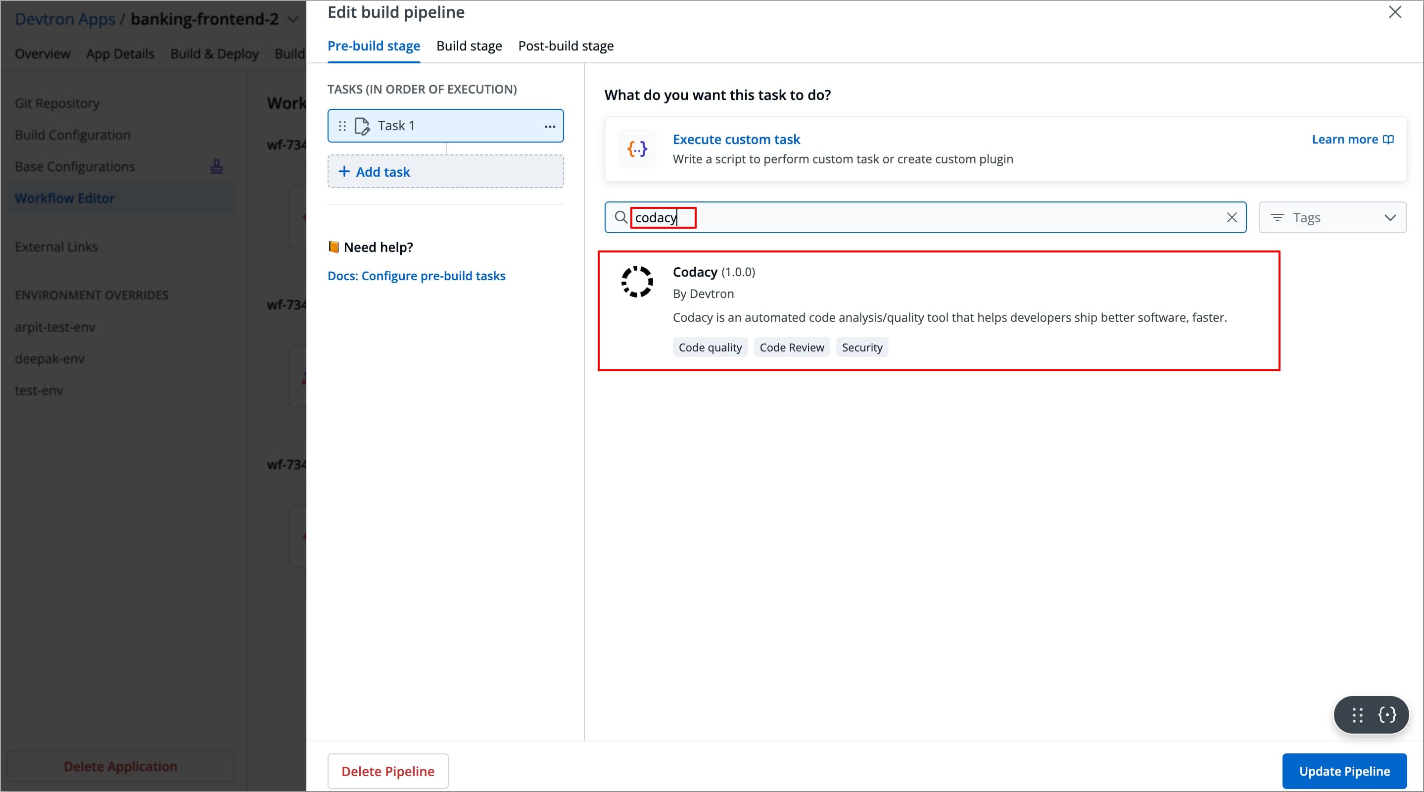 Figure 7: Searching 'Codacy' plugin