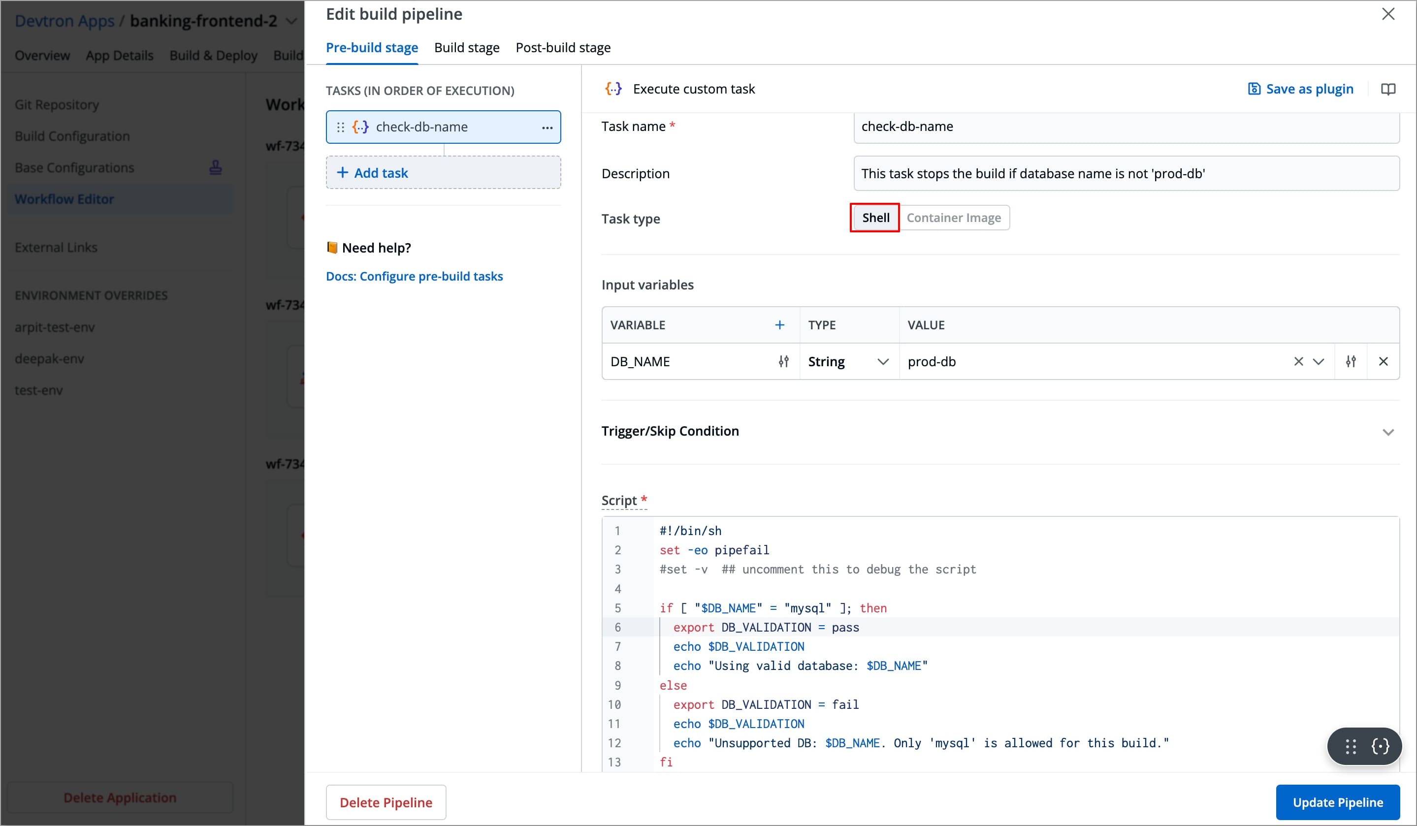Figure 11a: Configuring Shell Task