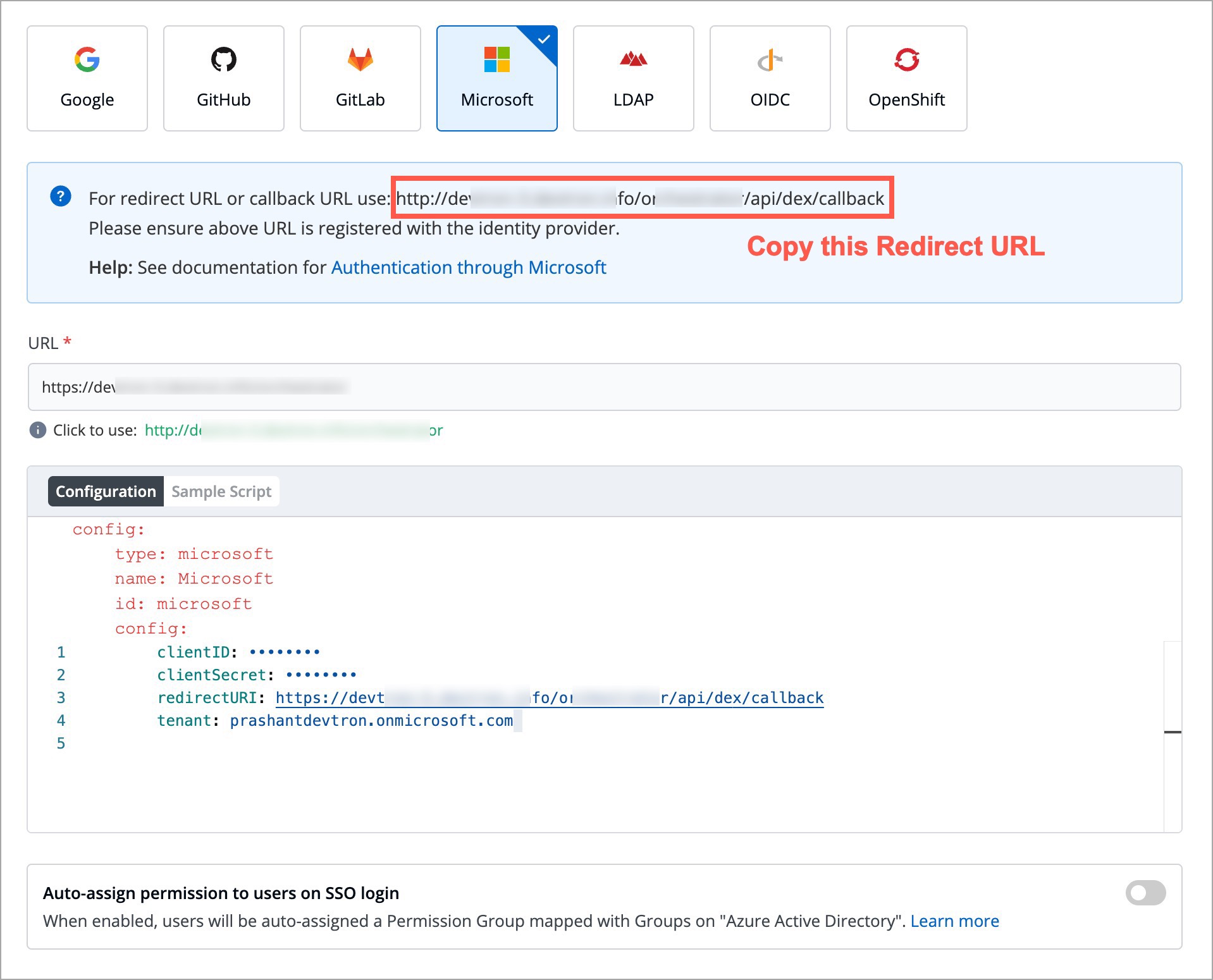 Copying Redirect URI from Devtron