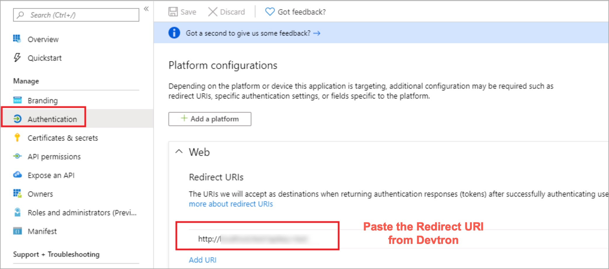 Pasting Redirect URI