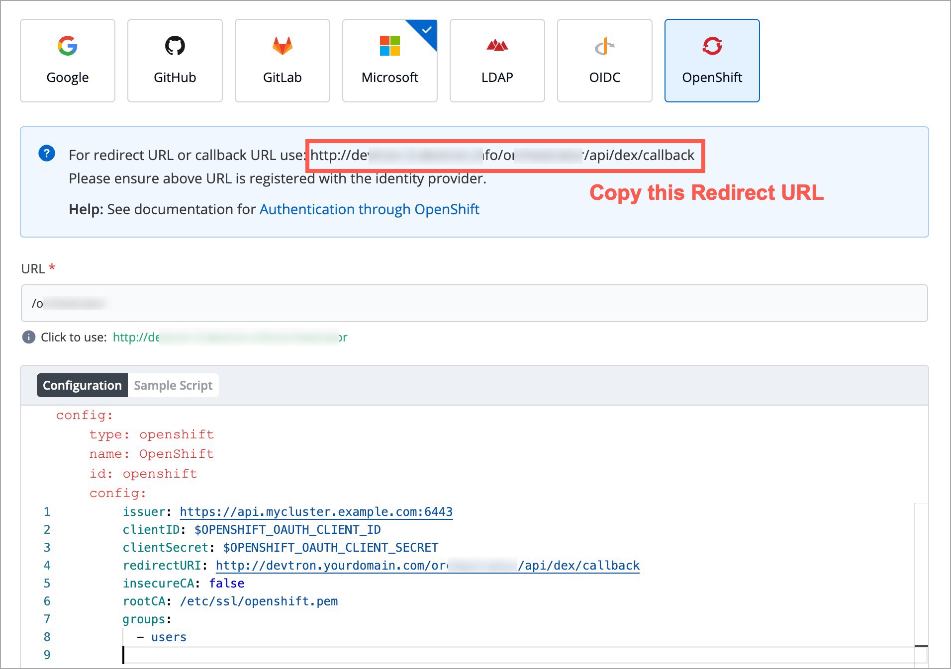 Copying Redirect URI from Devtron