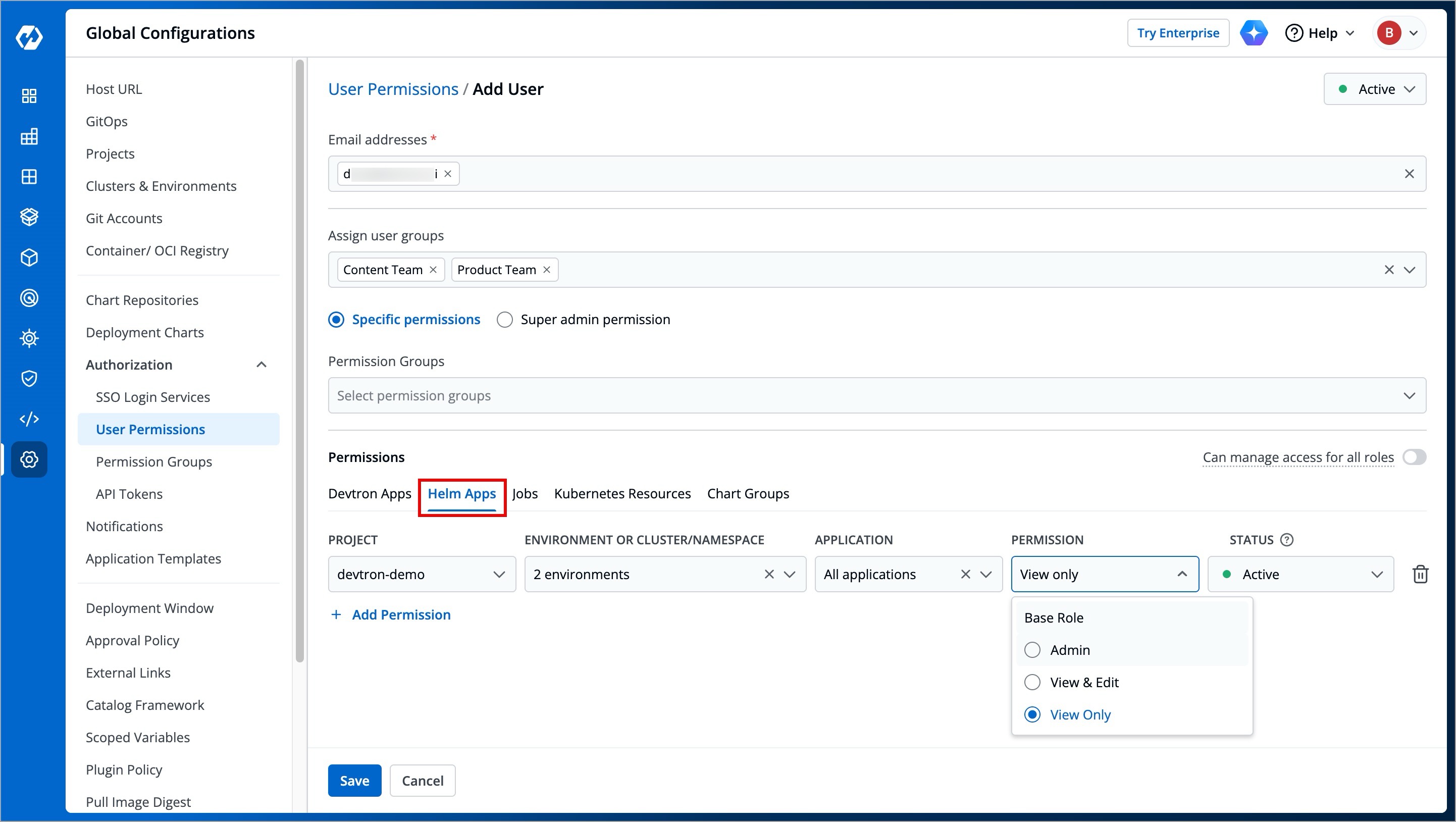 Figure 11: Granting Helm Apps Permissions