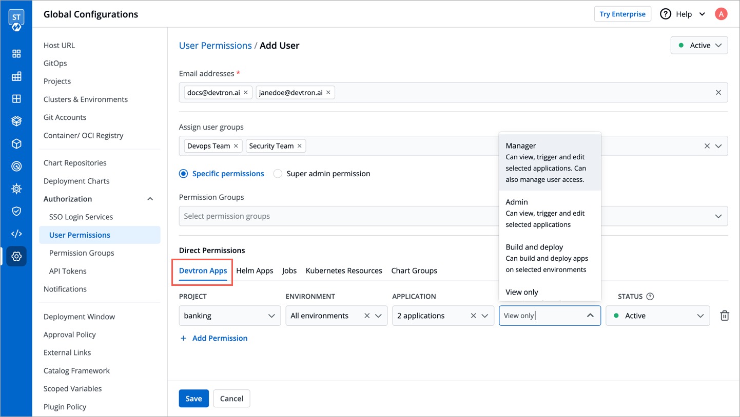 Figure 9: Granting Devtron Apps Permissions