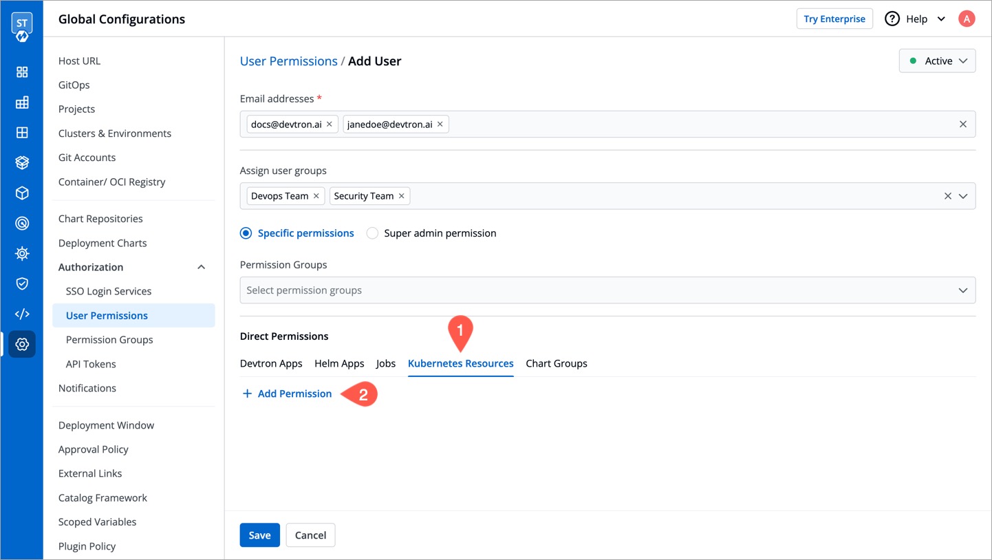 Figure 12a: Adding Permissions for Kubernetes Resources