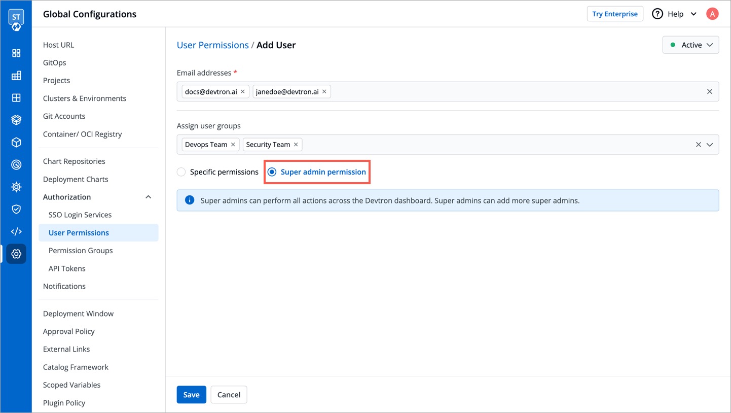 Figure 7: Granting Superadmin Access