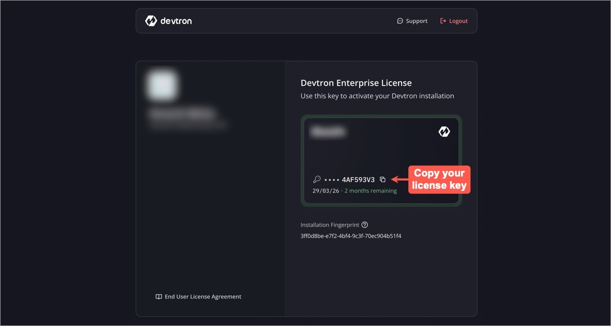 Figure 6: Copying Generated License Key