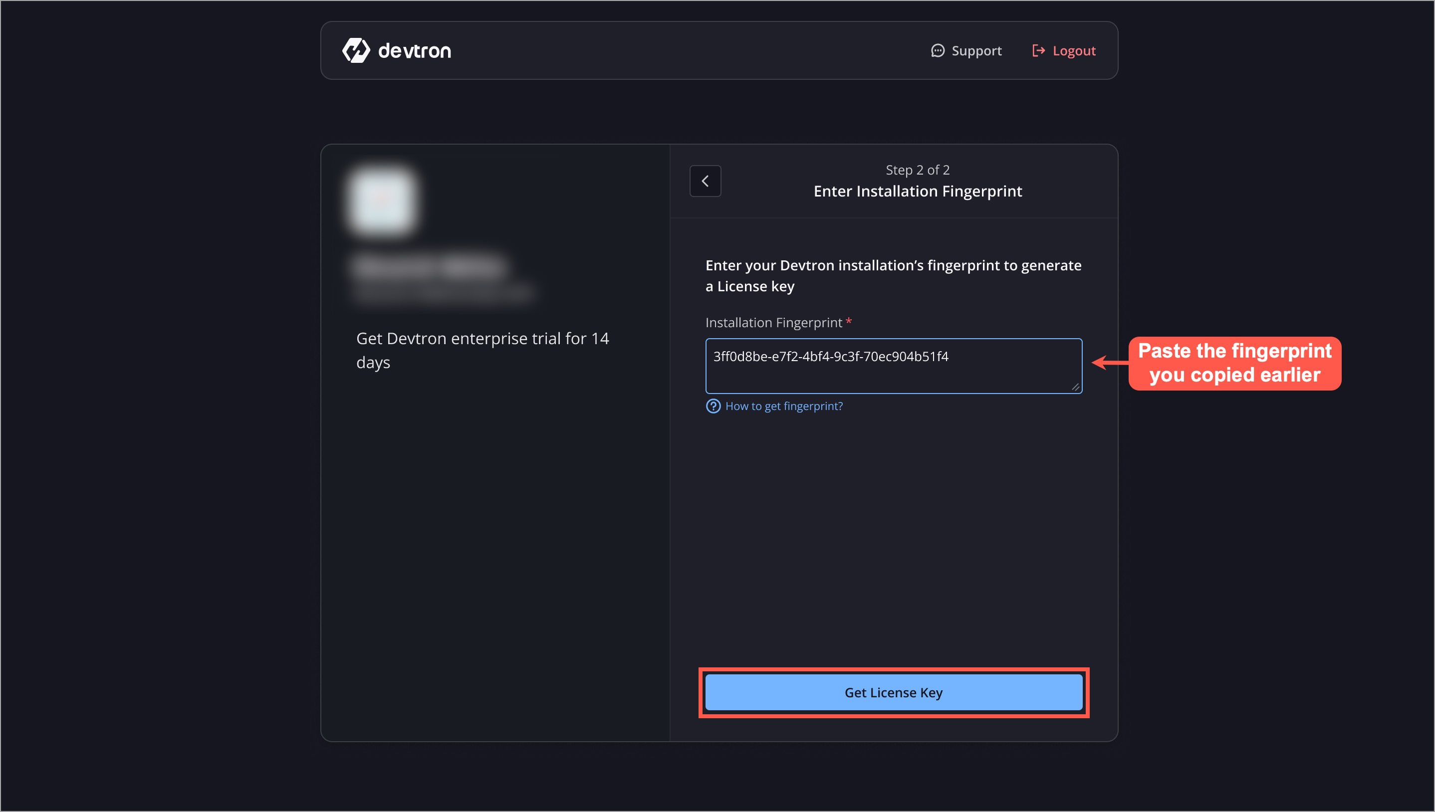 Figure 5: Pasting Installation Fingerprint