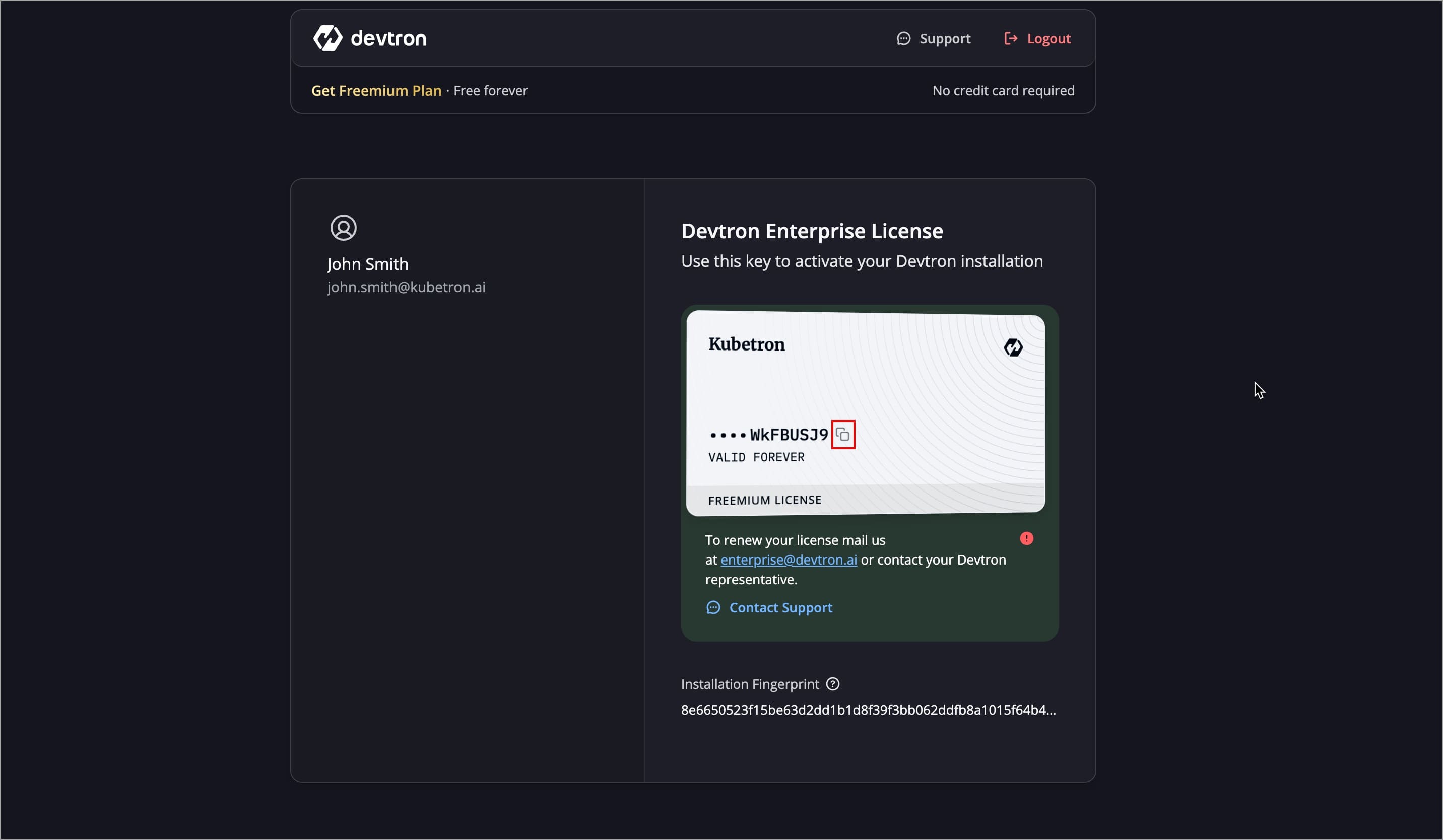 Figure 22: Copying the License Key