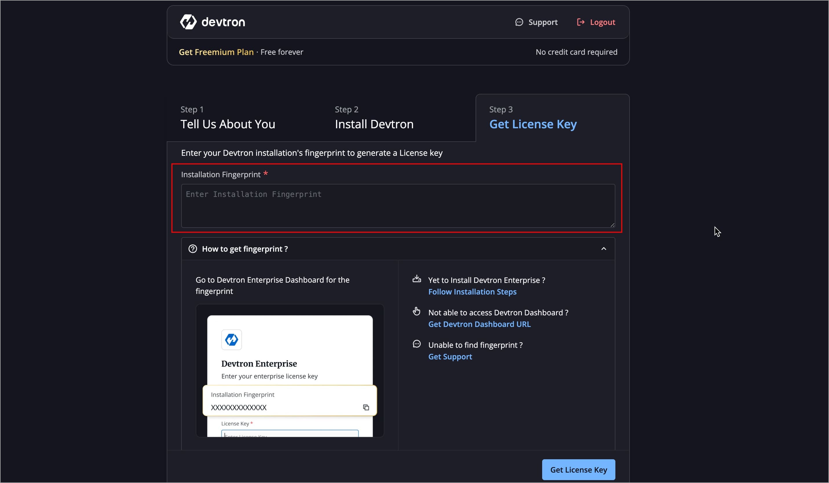 Figure 9: Enter Installation Fingerprint