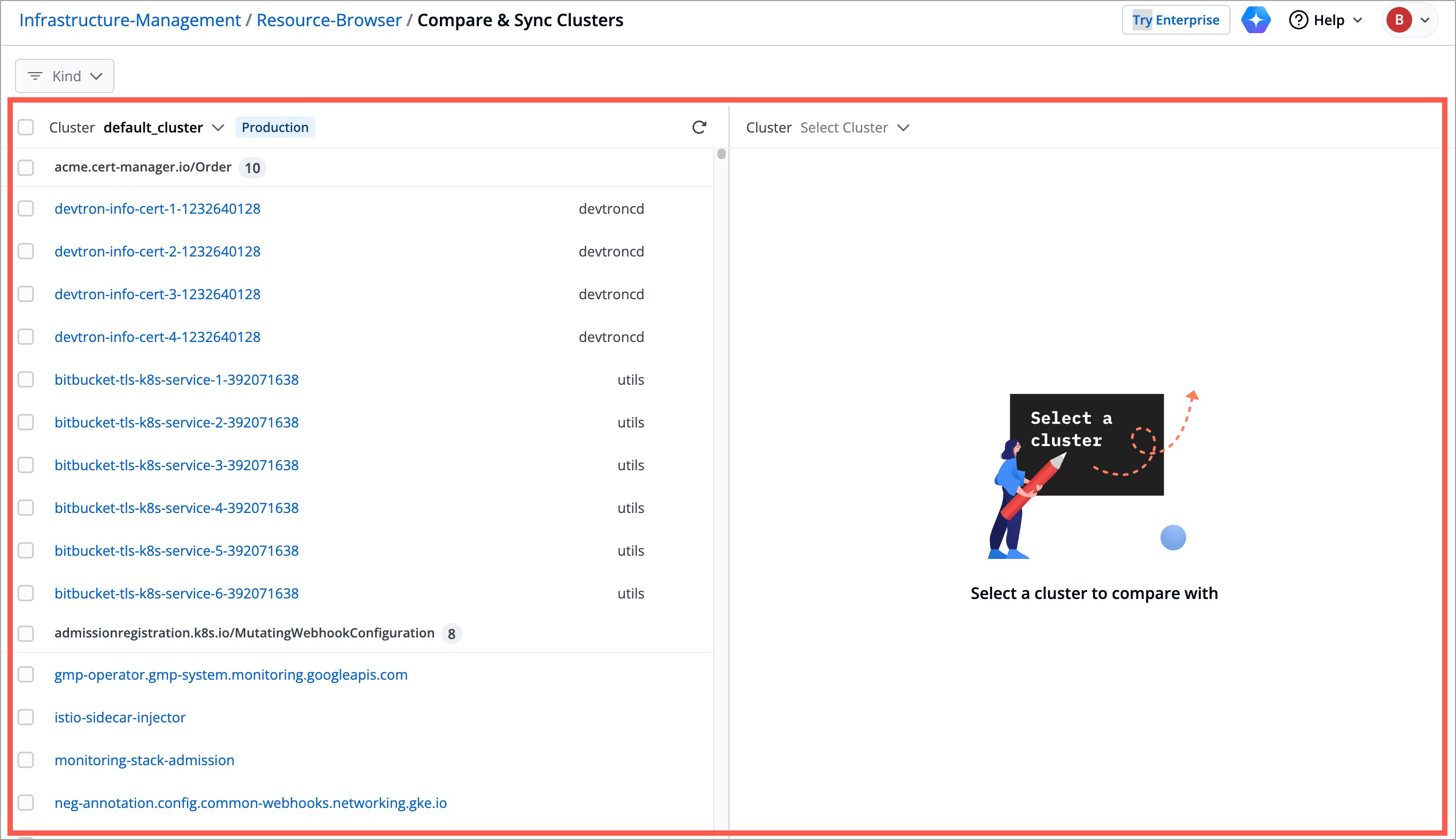 Figure 4: Compare & Sync Clusters Page