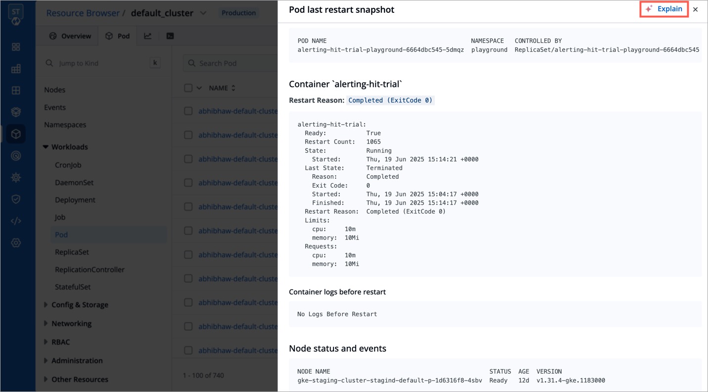 Figure 9: AI Explain for Pod Restart Snapshot