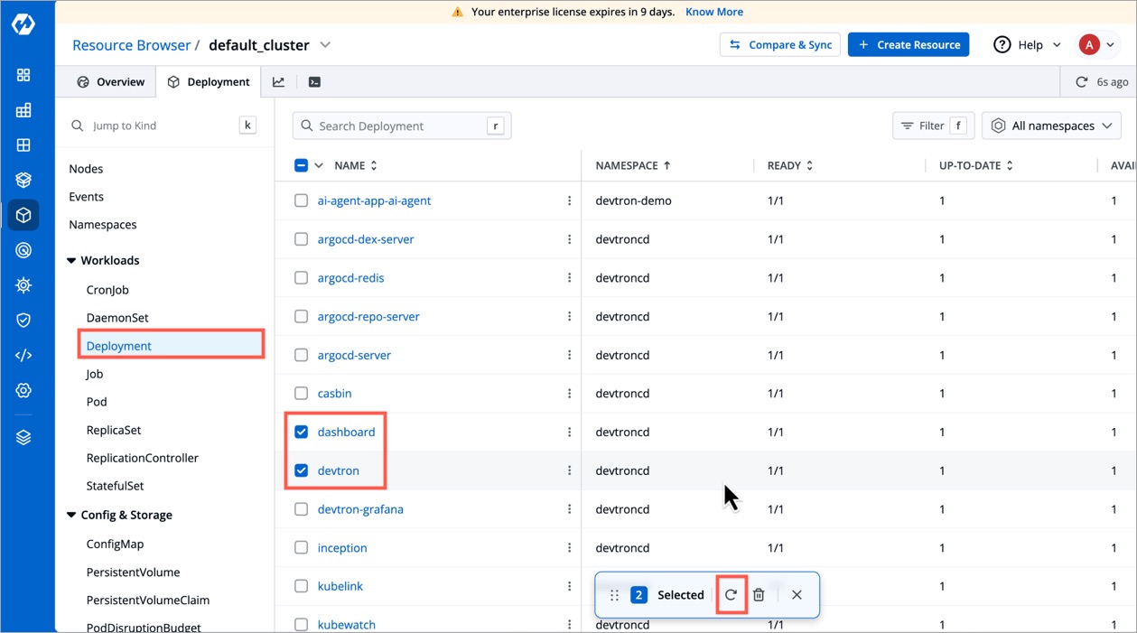 Figure 7: Restart 'dashboard' deployment workloads