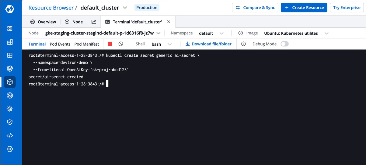 Figure 2: Creating Secret using Cluster Terminal