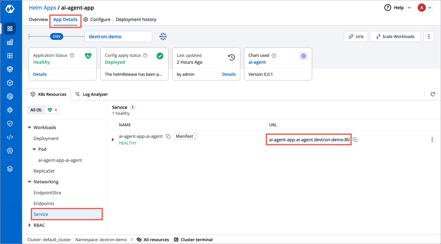 Figure 4: Service Endpoint of AI Agent Helm App